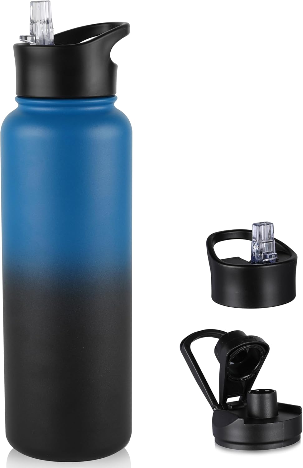 40 oz Insulated Water Bottle with Straw, Stainless Steel Sports Water Bottles with 2 Lids (Straw and Wide Mouth lid), Double Wall Vacuum, Leakproof, BPA-Free, Black