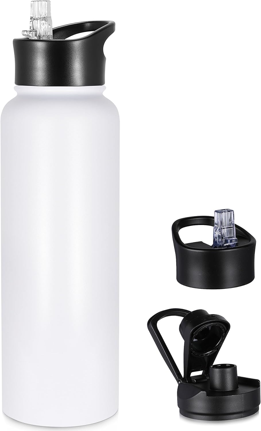 40 oz Insulated Water Bottle with Straw, Stainless Steel Sports Water Bottles with 2 Lids (Straw and Wide Mouth lid), Double Wall Vacuum, Leakproof, BPA-Free, Black