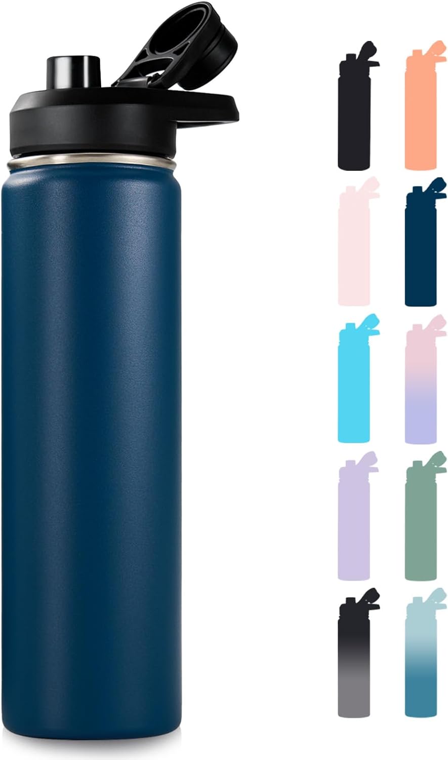 24 oz Insulated Water Bottle with Handle, 304 Stainless Steel Water Bottles with Wide Mouth, Double Wall Vacuum Sports Water Bottle, BPA Free, Keep Cold and Hot, Blue&Black