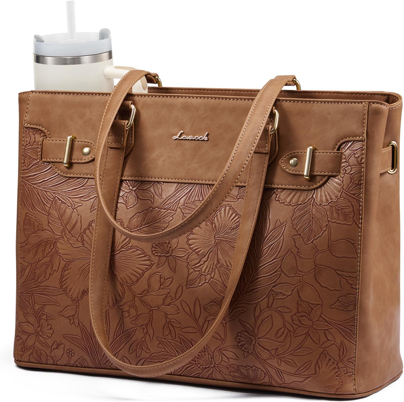 LOVEVOOK Laptop Tote Bag for Women Work, Teacher Tote Bag with Large Cup Holder, 15.6 Inch Waterproof Leather Computer Bag