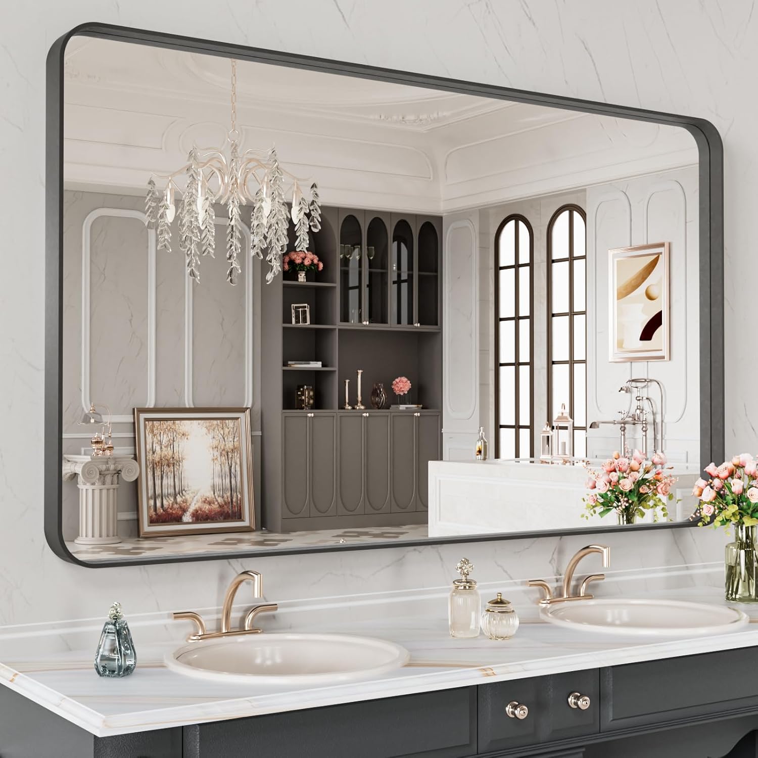 LOAAO 40X36 Inch Black Metal Framed Bathroom Mirror for Wall, Matte Black Bathroom Vanity Mirror Farmhouse, Anti-Rust, Tempered Glass, Hangs Horizontally or Vertically