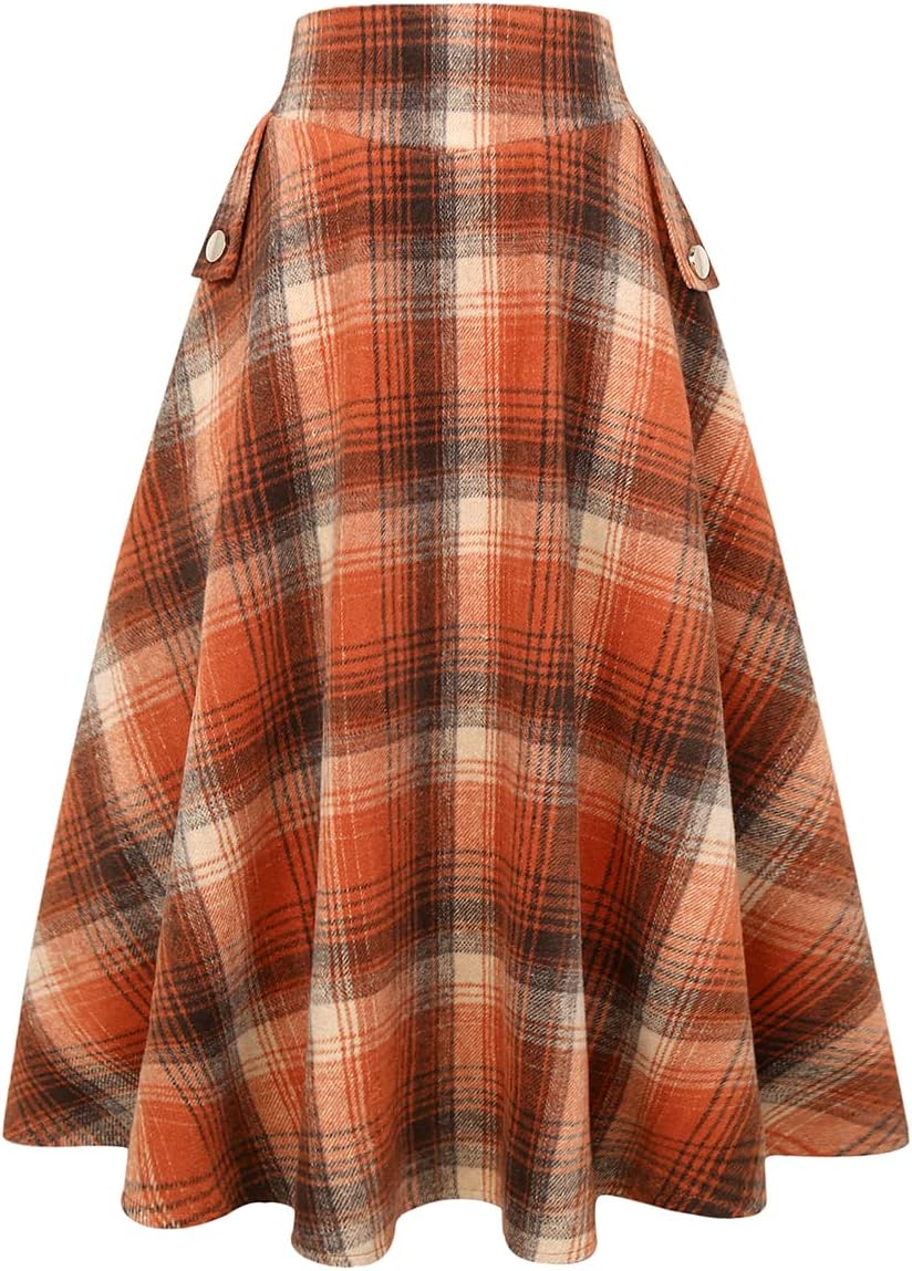 IDEALSANXUN Women’s Fall Winter High Waisted Wool Plaid A-line Long Skirt