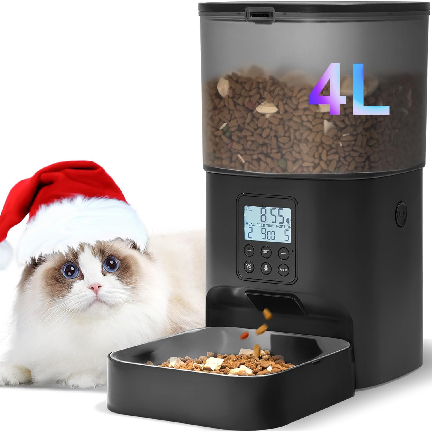 Automatic Cat Feeder, 4L Cat Food Dispenser with 10s Voice Recorder, Pet Feeder up to 8 Meals per Day, Timed Dog Feeder with Dry Food Sealed Ring (White, 4L-Basic)