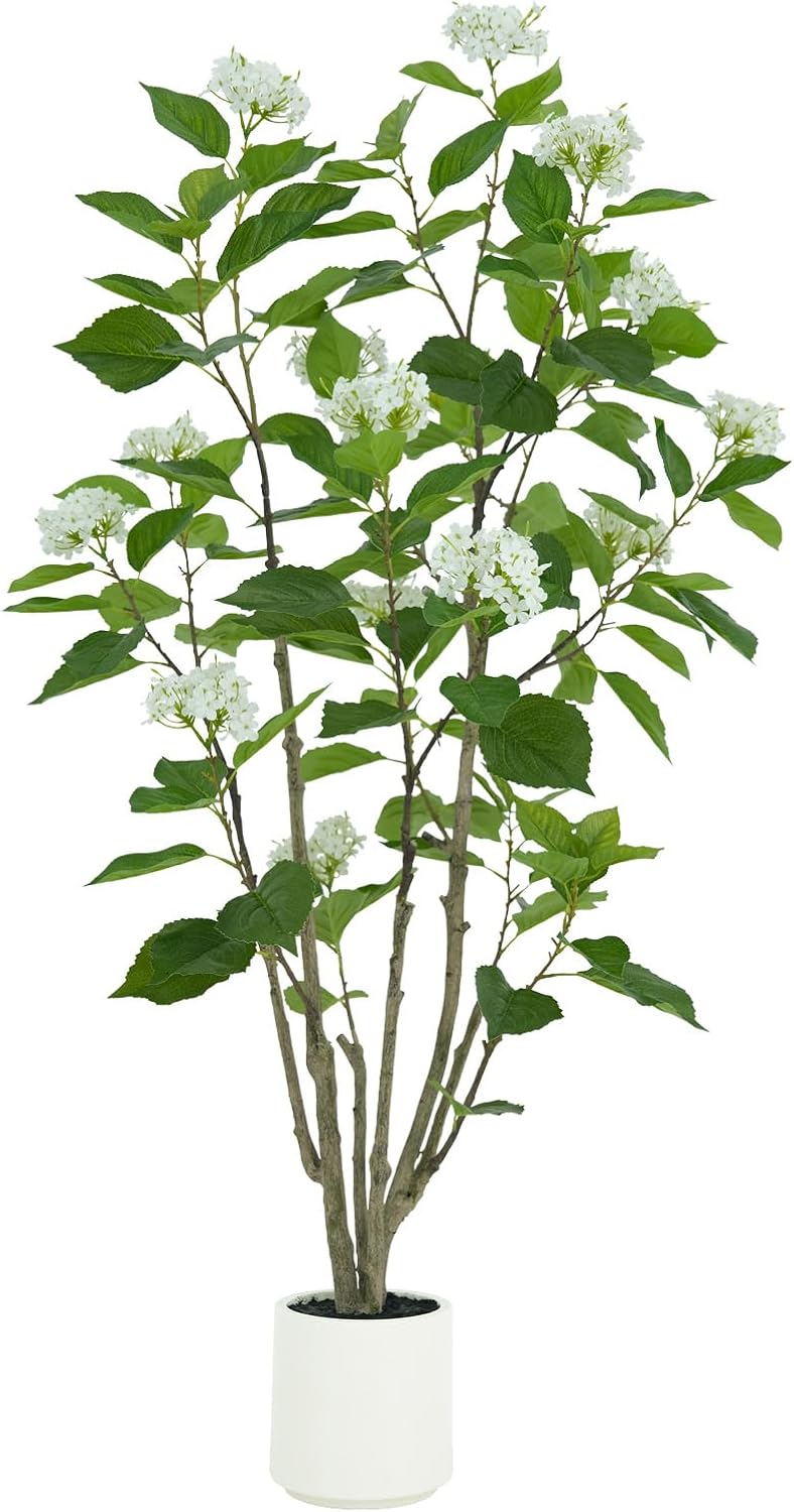 5ft Artificial Hydrangea Tree - Real Touch Silk Flowers & Adjustable Branches - Lifelike Faux Potted Plant for Indoor Living Room, Wedding, Porch, Farmhouse Home Decor