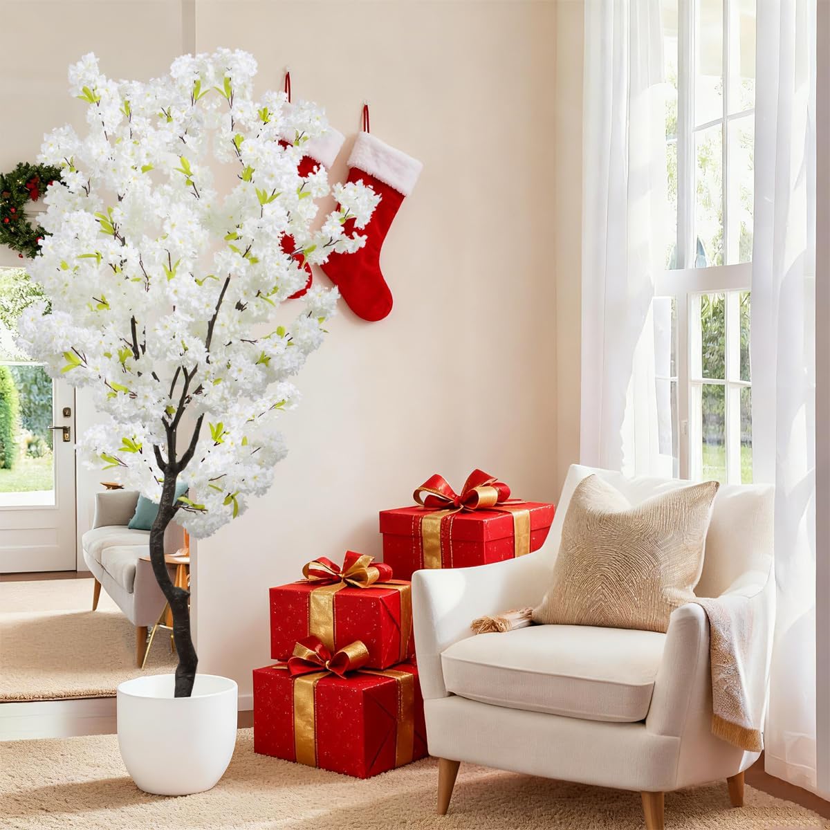 Artificial Cherry Blossom Tree 6ft Tall Indoor Faux White Flower Tree,Fake Cherry Blossom Tree for Home Office Party Wedding Decor