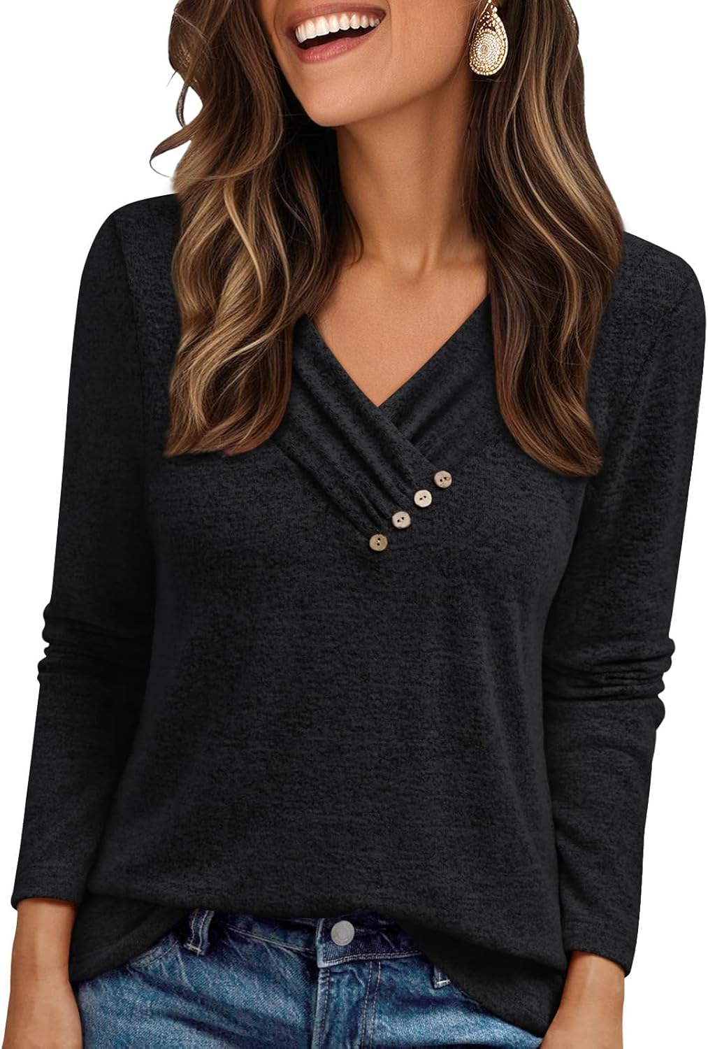 AUTOMET Womens Long Sleeve Tunic Top V Neck Button Shirts 2026 Dressy Casual Business Blouses