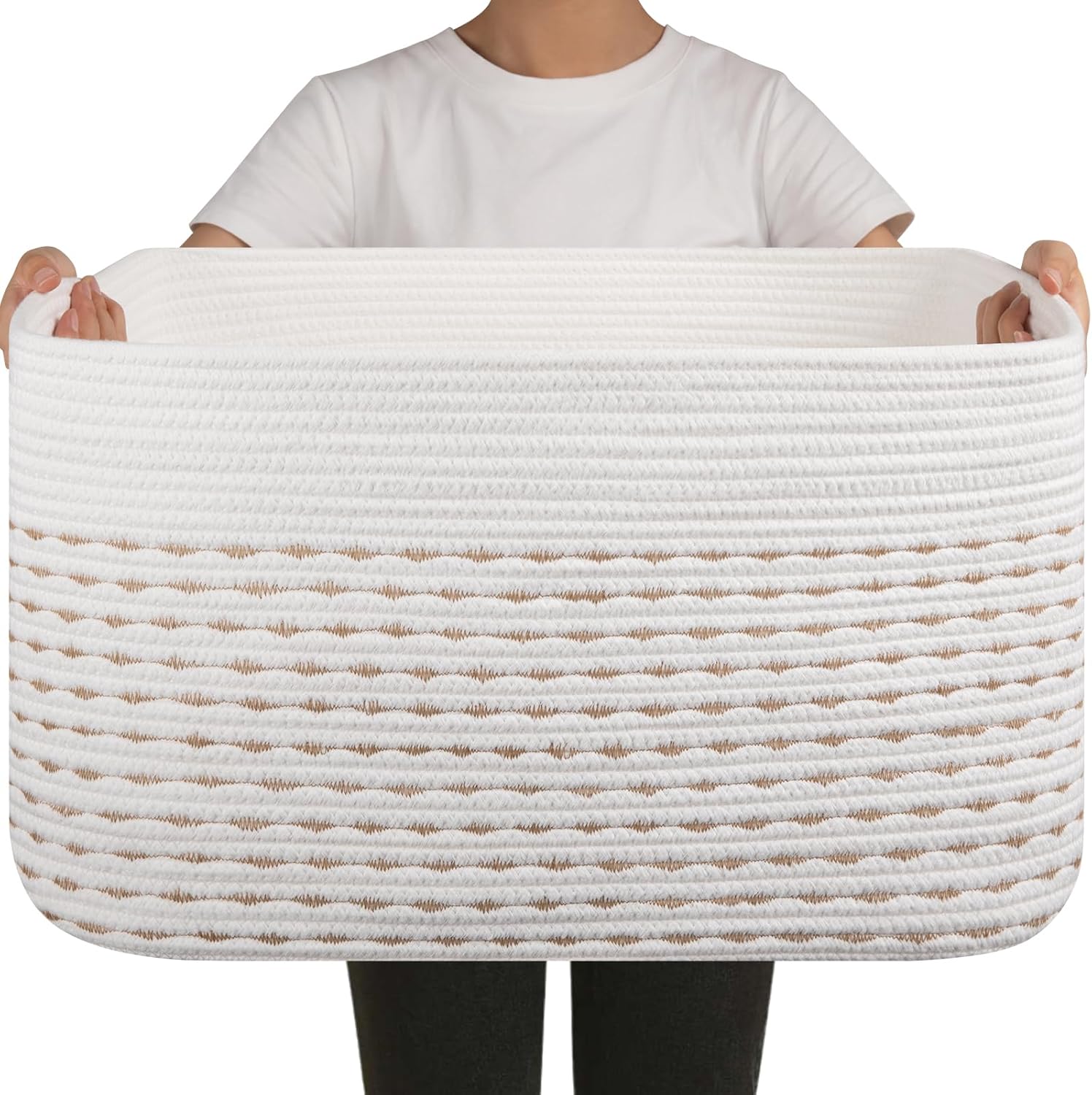 OIAHOMY 75L Large Woven Cotton Rope Storage Basket with Handle for Organizing Blanket and Toys for Living Room, Nursery, Brown Variegated 22”x17”x12”