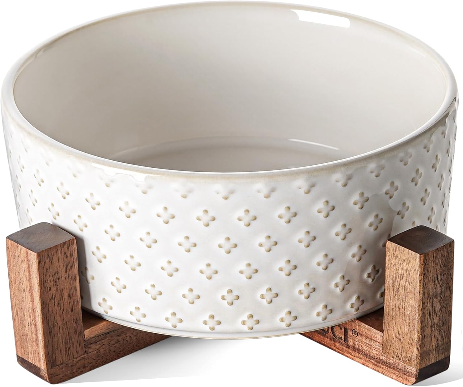 Dog Bowls Ceramic for Small Medium Dogs - 3-Cup Dual Food & Water Bowl Set with Acacia Wood Stand, Non-Slip Anti-Tip Elevated Design