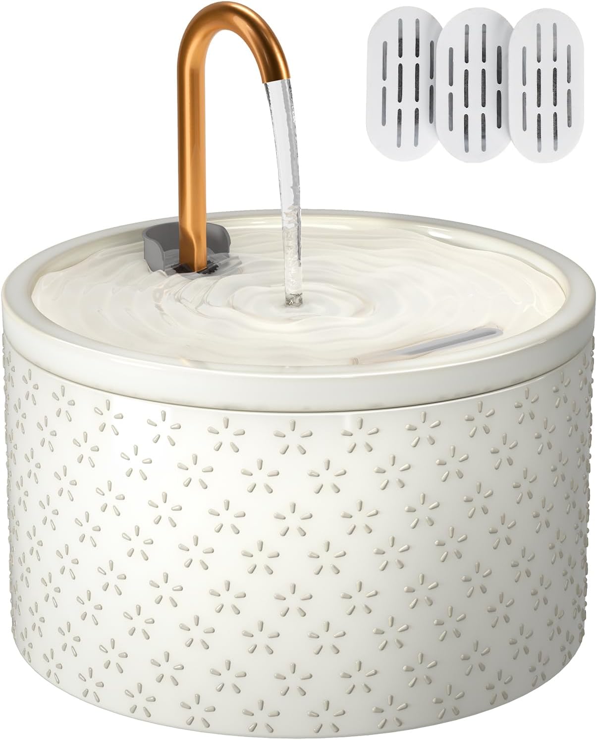 Ceramic Cat Water Fountain - 2.1L/71oz - All-Ceramic Body & Pure Copper Water Spout - Non-Toxic - Automatic Pet Drinking Fountain Indoor with Ultra-Quiet Pump, and 3Pcs Filter & Sponge (White)