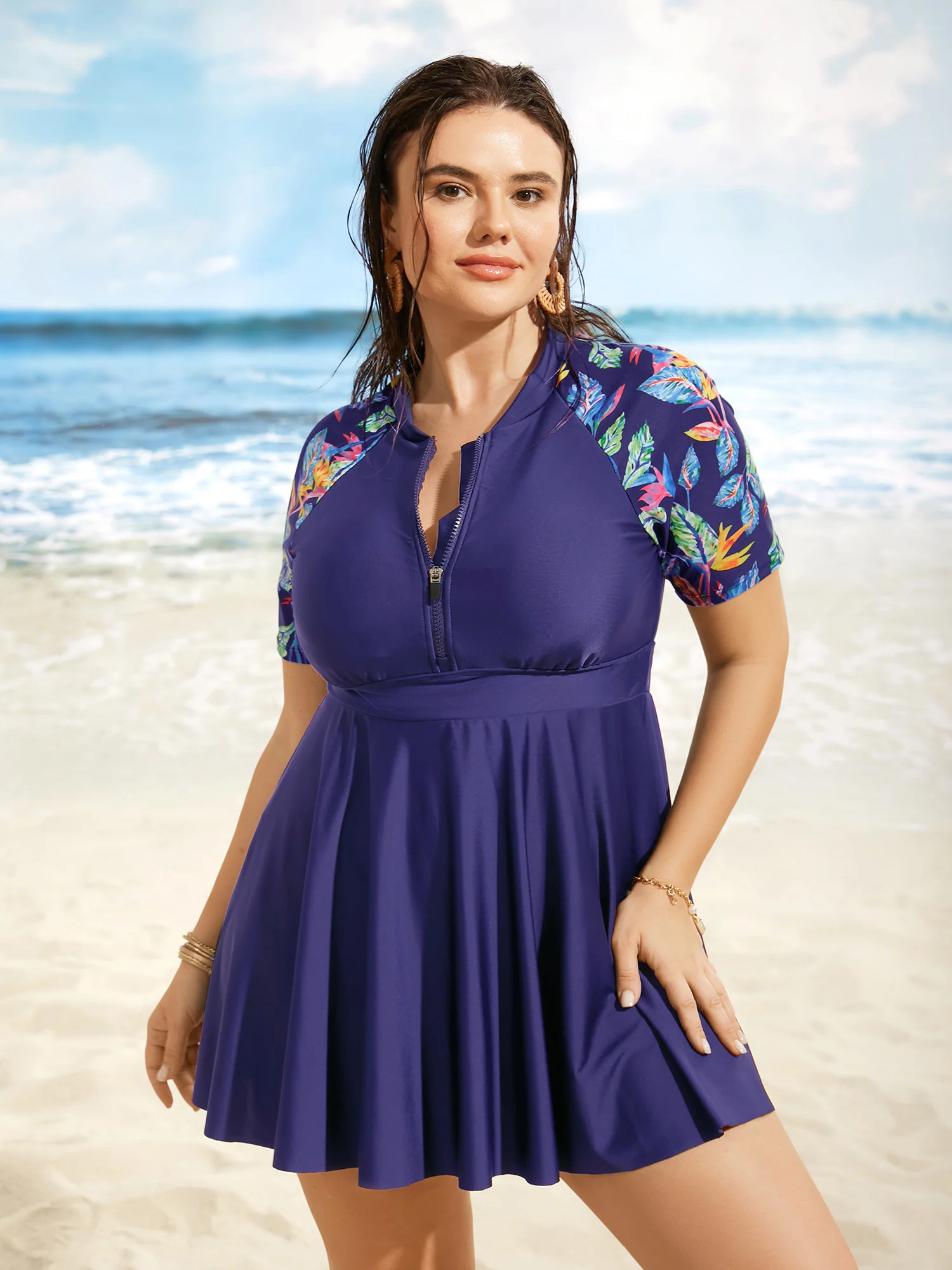Tropical Print Half Zip Raglan Sleeve Swim Dress