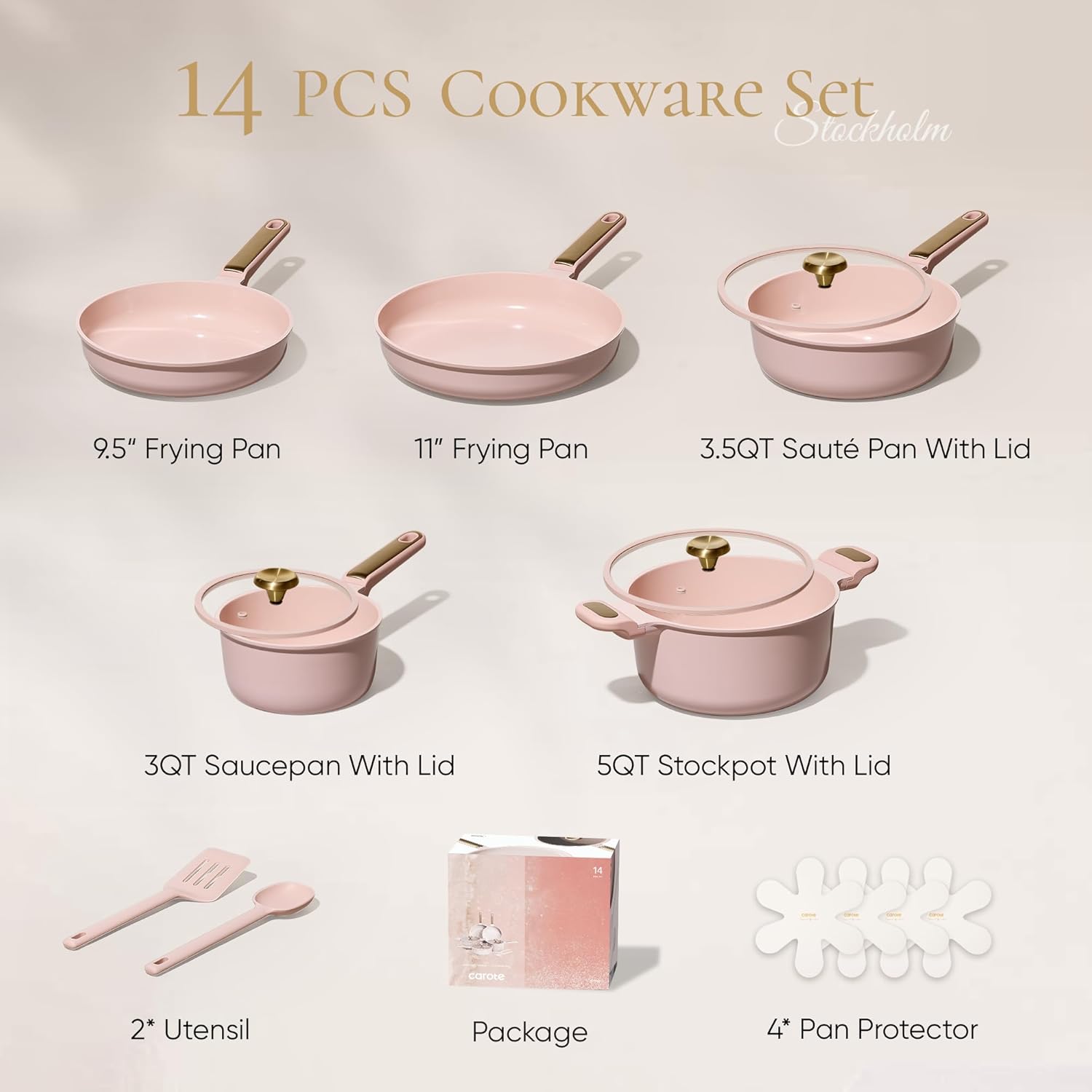 CAROTE Ceramic Cookware Set Nonstick, 14pcs Pots and Pans Set Nonstick, Non-Toxic & PFAS-Free, Dishwasher, RV/Camping Cookware Set, Cooking Pots with Lids, Pink Blush