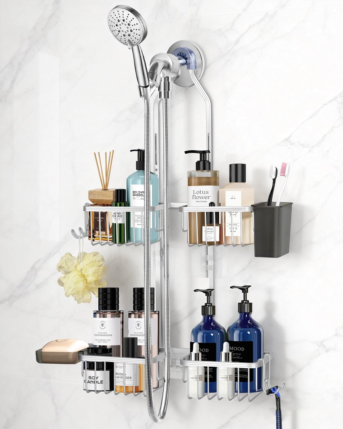 Adjustable Shower Caddy Hanging for Handheld Showerheads - Upgraded Never Rust Shower Hanging Organizer, Bathroom Shower Rack with Soap Basket, Hooks and Toothbrush Holder (Shiny Silver)