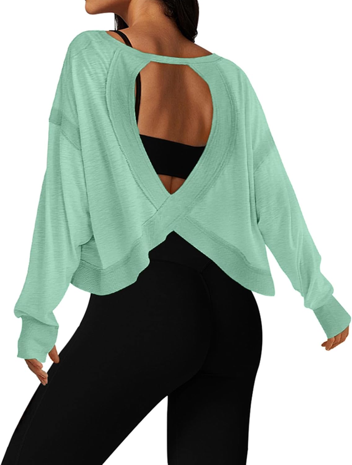 UNIANKIYA Open Back Workout Tops for Women Long Sleeve Cropped Athletic Clothes Gym Running Yoga Low Impact Sports T Shirts