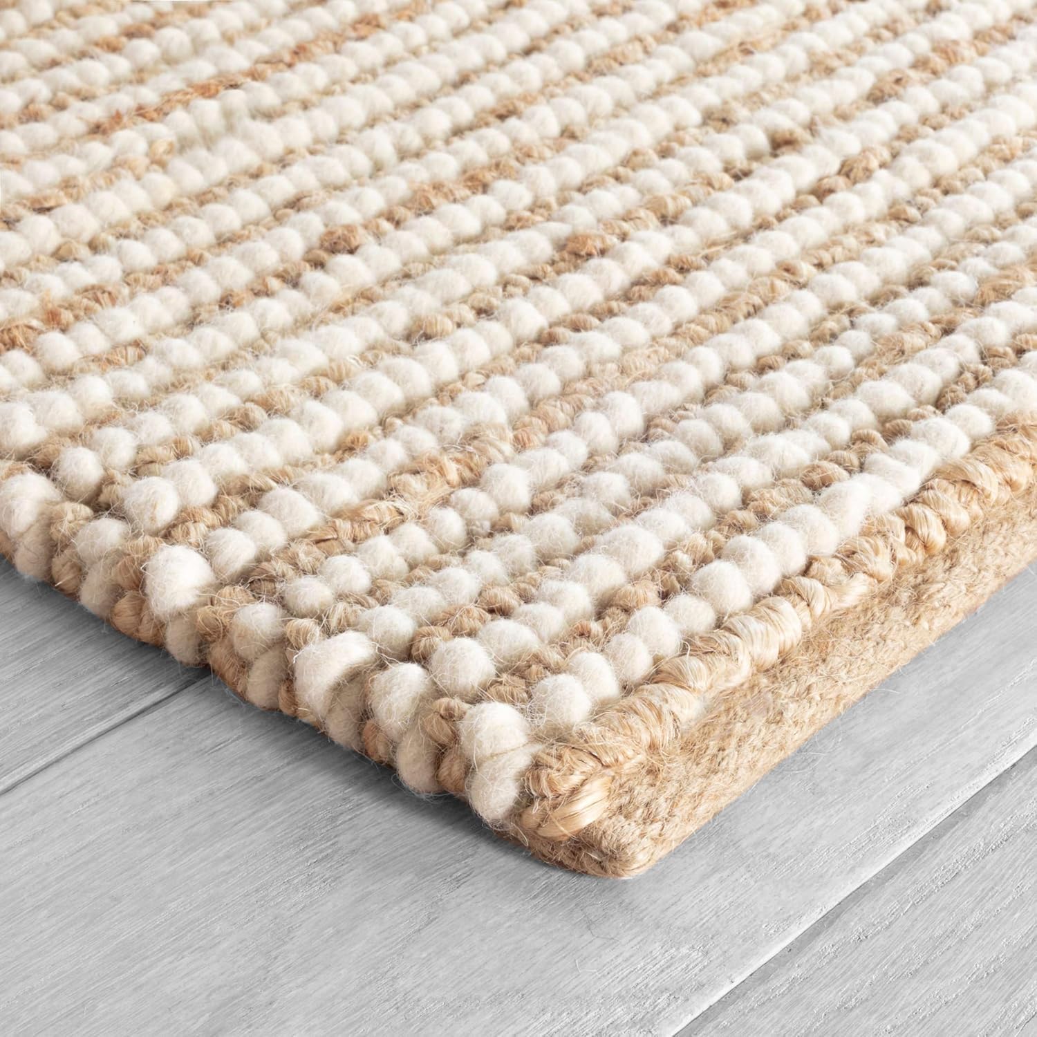 FRELISH DECOR Wool and Jute Premium Handwoven Chunky Stripes Rug - Contemporary Area Rug for Living Room Bedroom (9' x 12' - Natural Ivory)