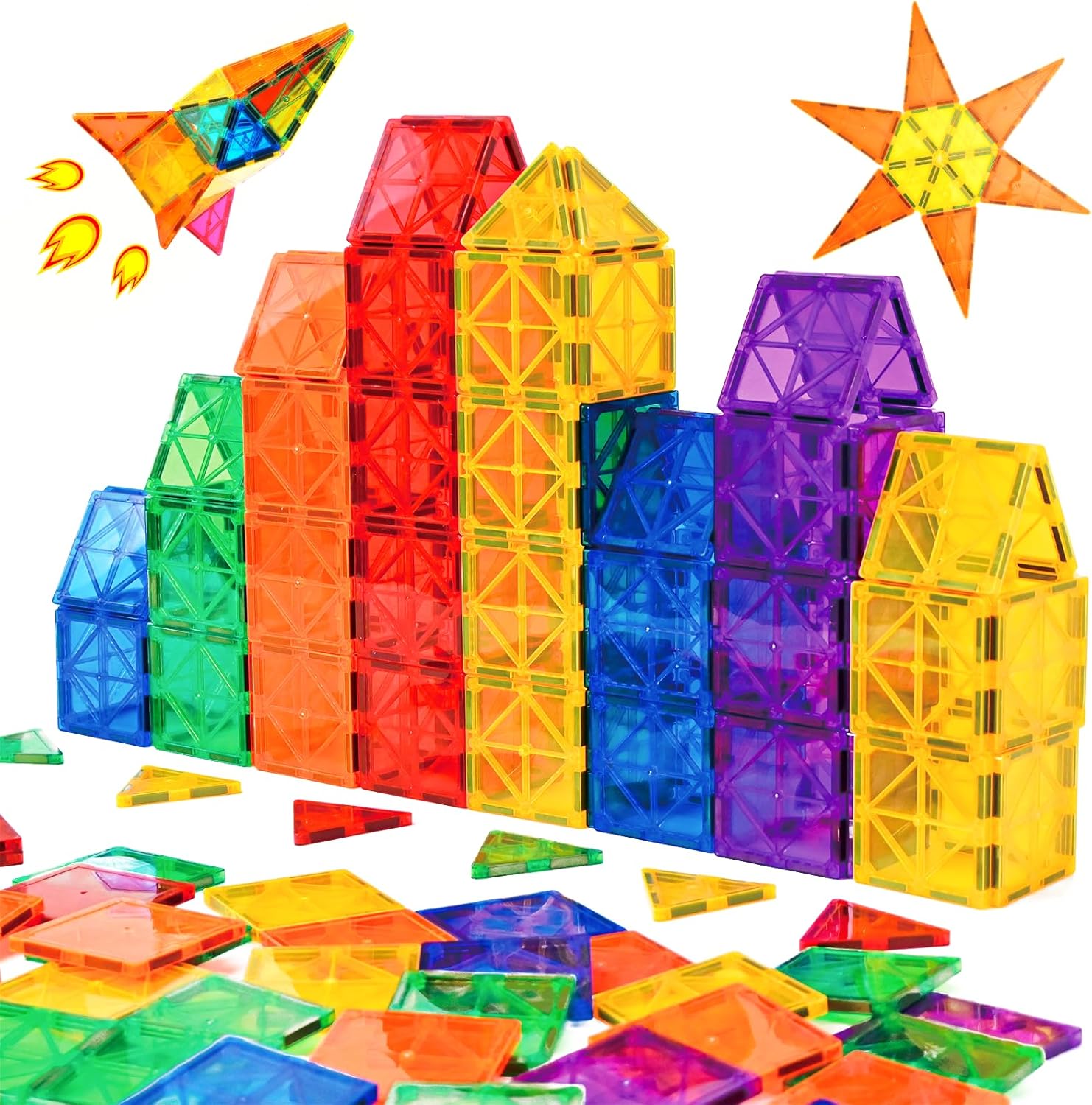 Gemmicc Magnetic Tiles, Deluxe 136 PCS Building Blocks Magnet Toys for Kids,3D Magnet Puzzles Stacking Blocks for Boys Girls,Huge Set with 2 Cars
