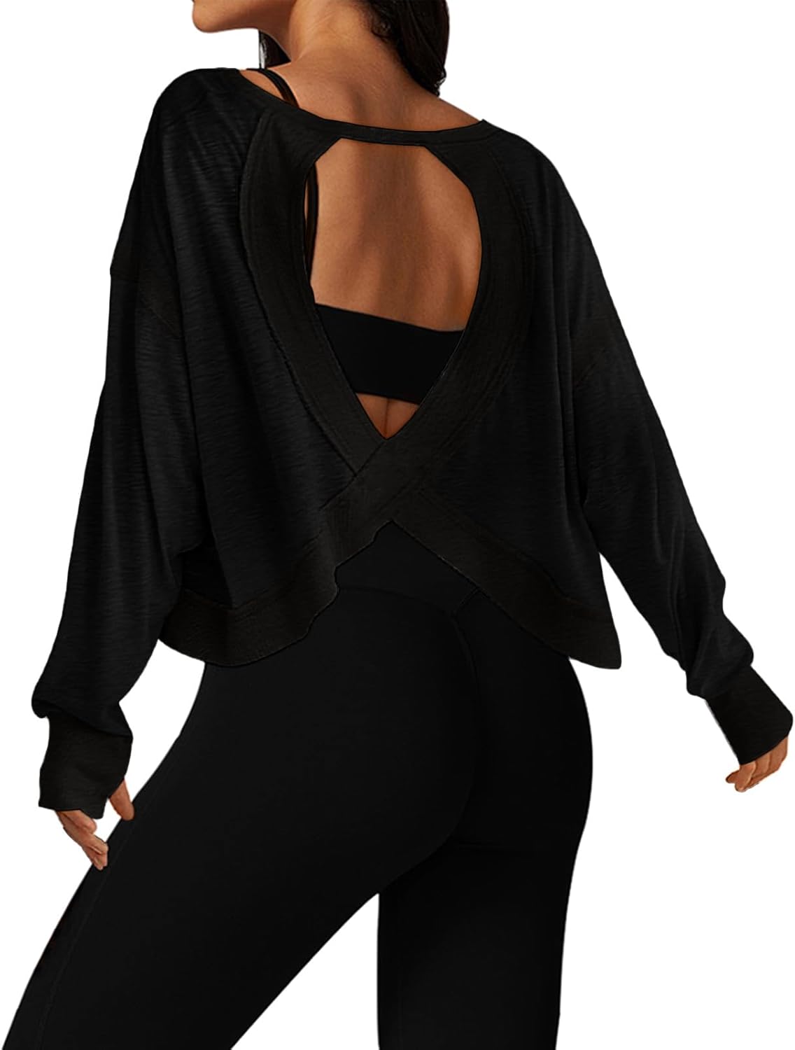 UNIANKIYA Open Back Workout Tops for Women Long Sleeve Cropped Athletic Clothes Gym Running Yoga Low Impact Sports T Shirts