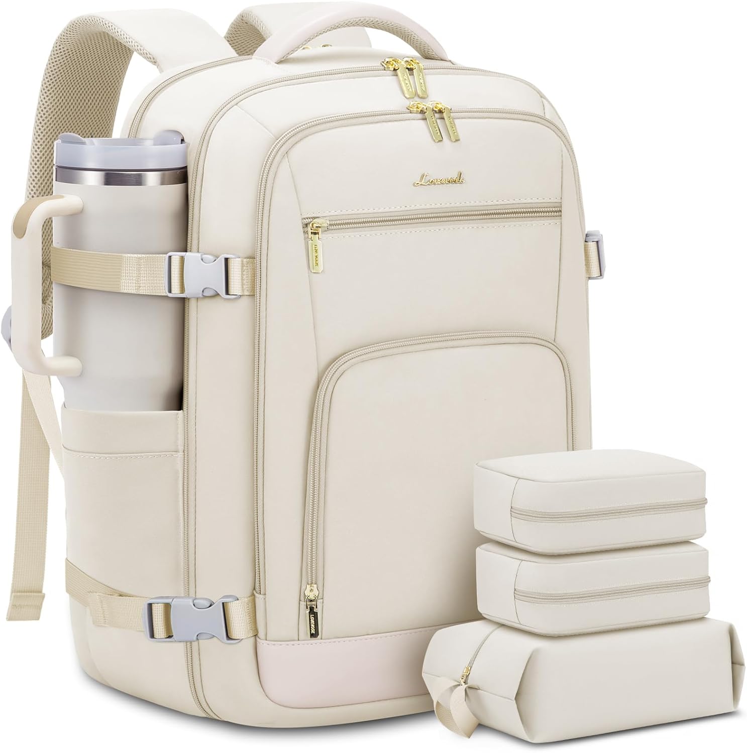 LOVEVOOK Travel Backpack For Women, 40L Carry On Backpack Flight Approved, TSA Personal Item Travel Bag Fits 17 Inch Laptop, Business Weekender Overnight Waterproof Daypack With 2 Cubes, Grey-Pink