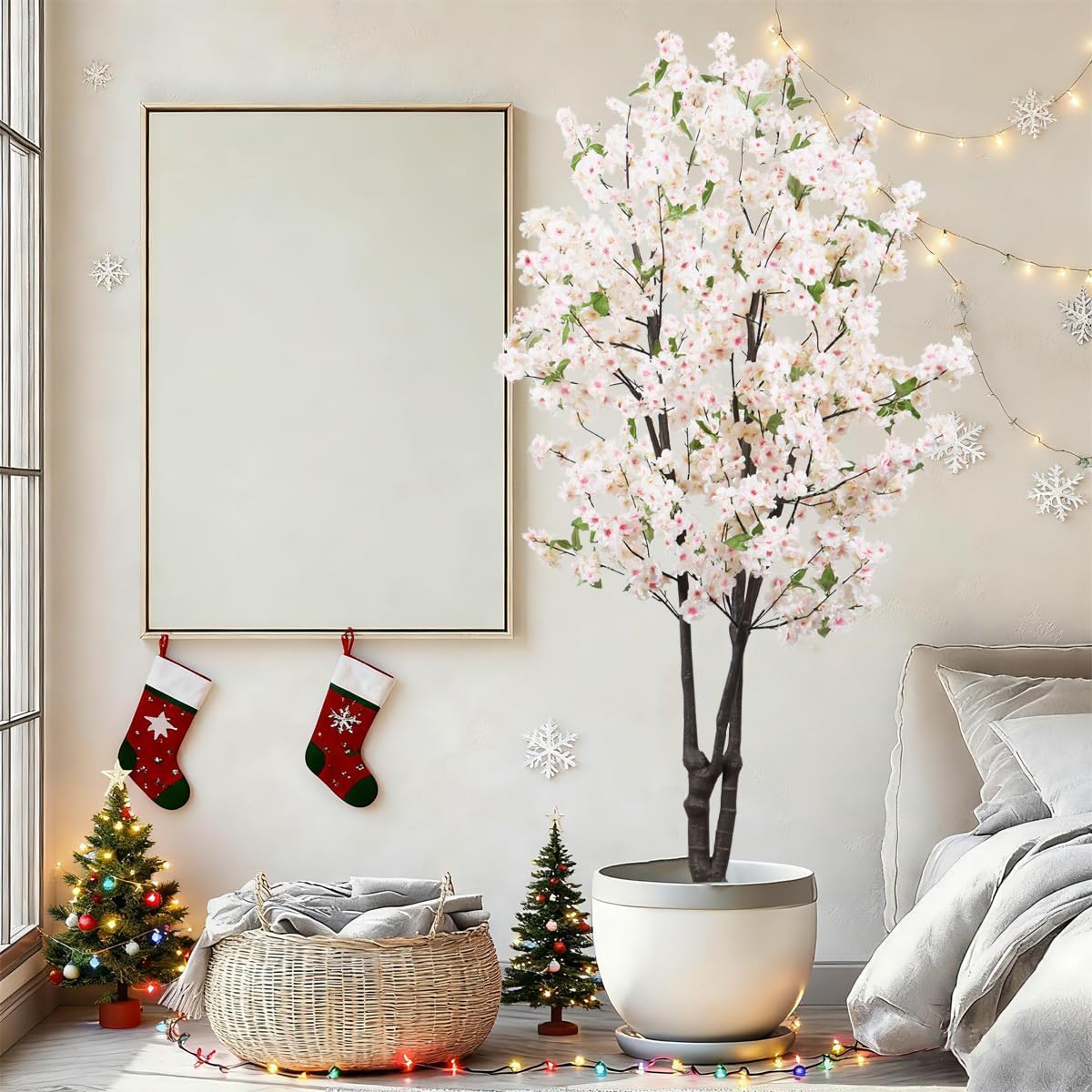 Artificial Cherry Blossom Tree 6ft Tall Indoor Faux White Flower Tree,Fake Cherry Blossom Tree for Home Office Party Wedding Decor