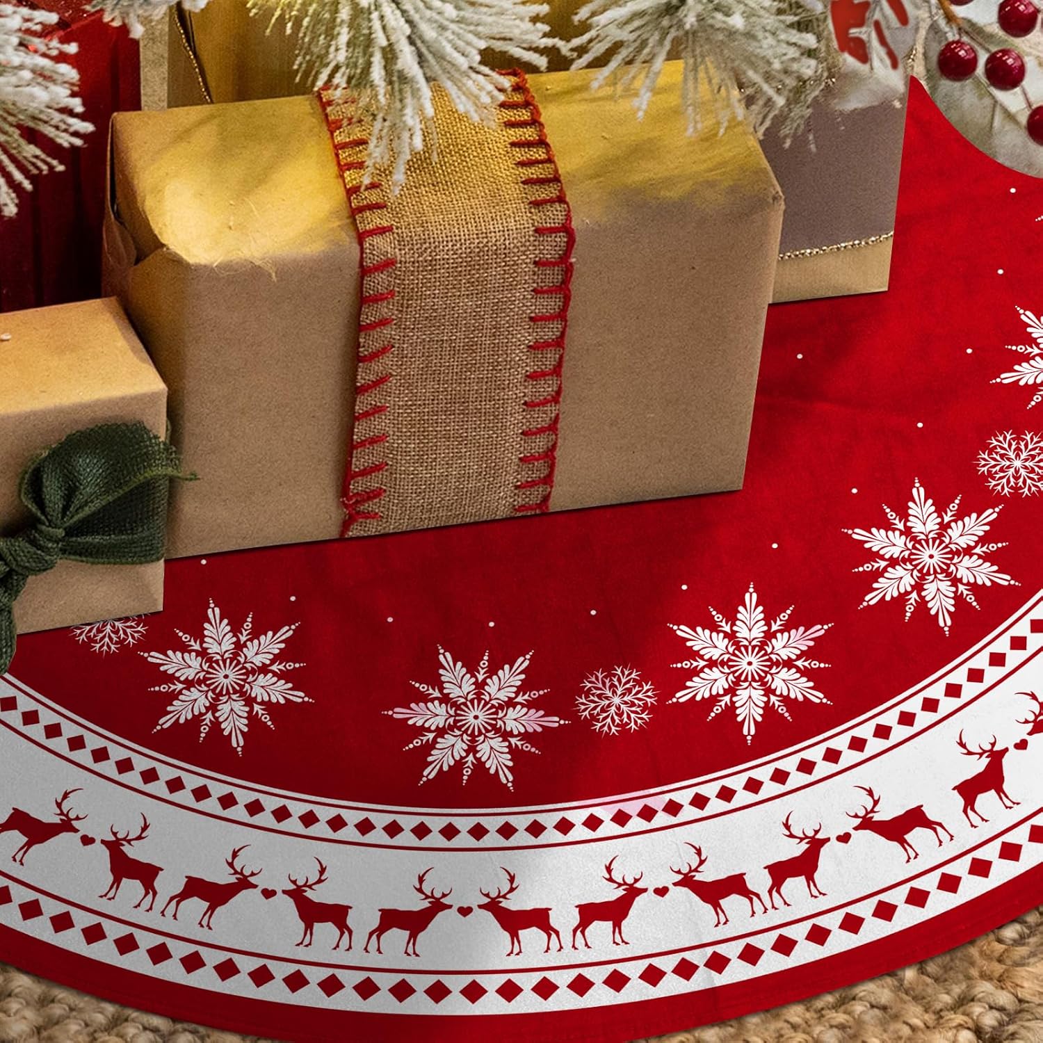 Christmas Tree Skirt 48 inch Large Tree Skirt Snowflake Reindeer Red Xmas Tree Skirt Rustic Christmas Tree Mat Decorations for Winter New Year Holiday Party Decor Indoor Outdoor (Santa, 48inch)