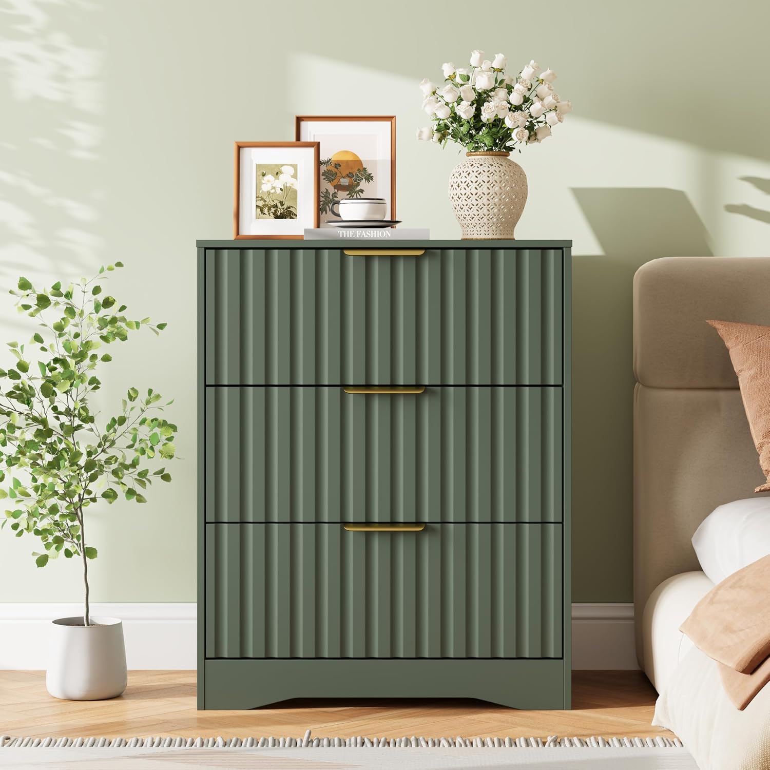 Fluted Nightstand with 3 Drawers, 30