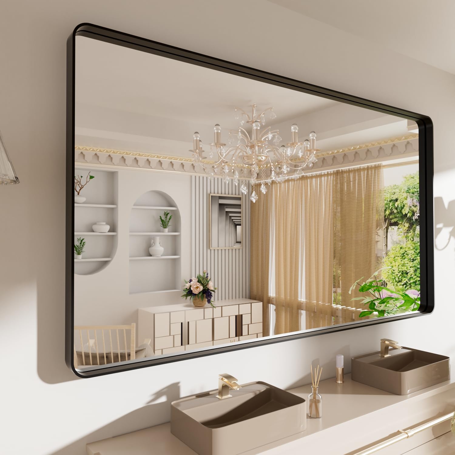 LOAAO 40X36 Inch Black Metal Framed Bathroom Mirror for Wall, Matte Black Bathroom Vanity Mirror Farmhouse, Anti-Rust, Tempered Glass, Hangs Horizontally or Vertically