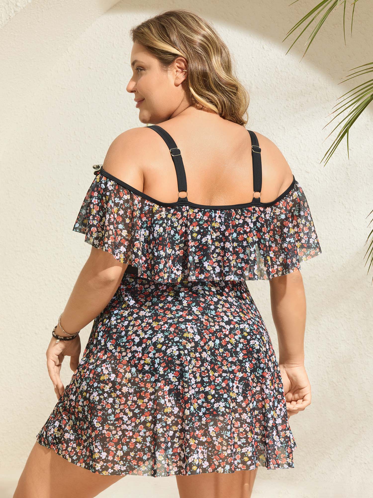Floral Print Mesh Cold-Shoulder Swim Dress
