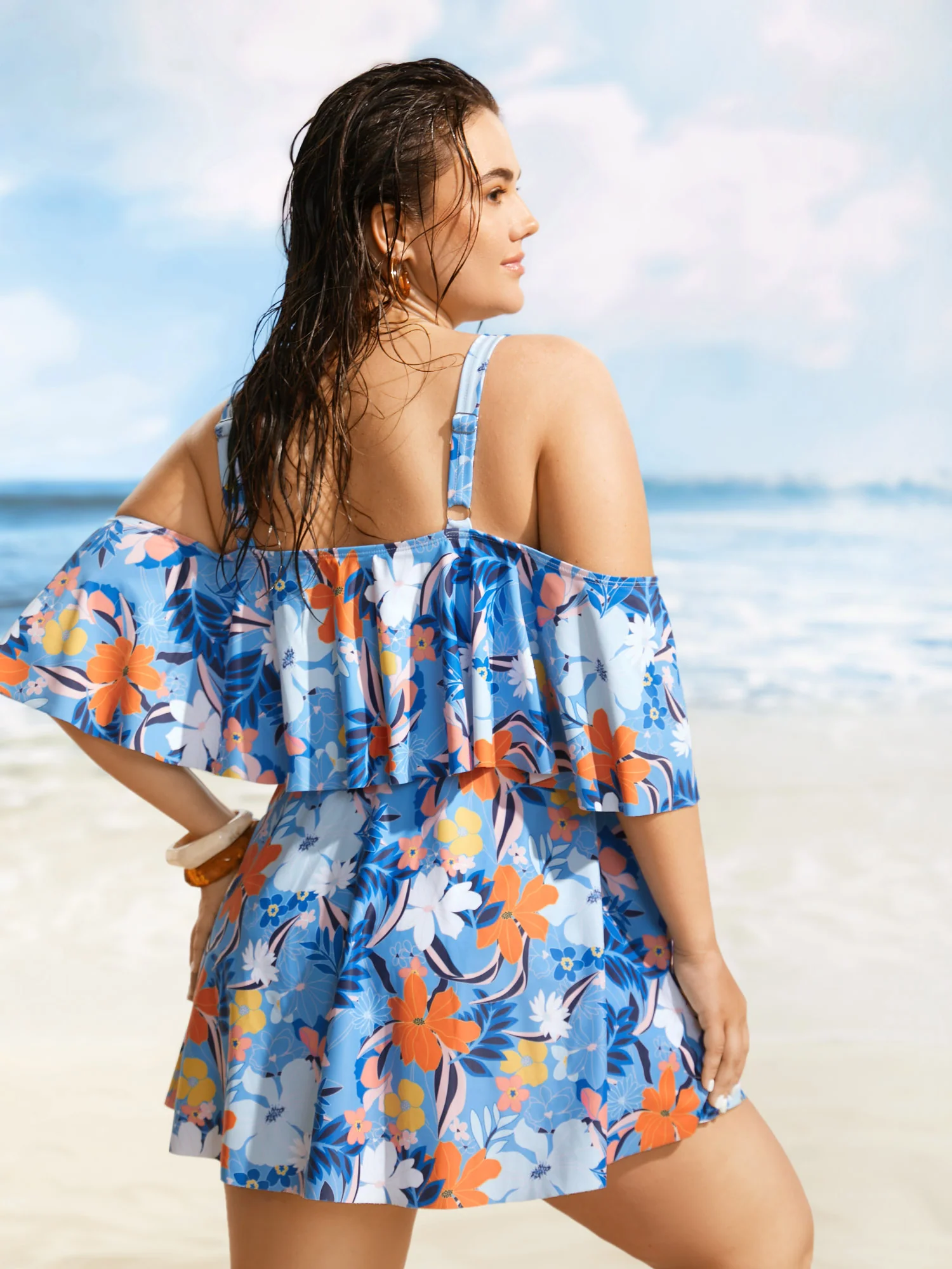 Tropical Adjustable Straps Cold Shoulder Ruffles Trim Swim Dress