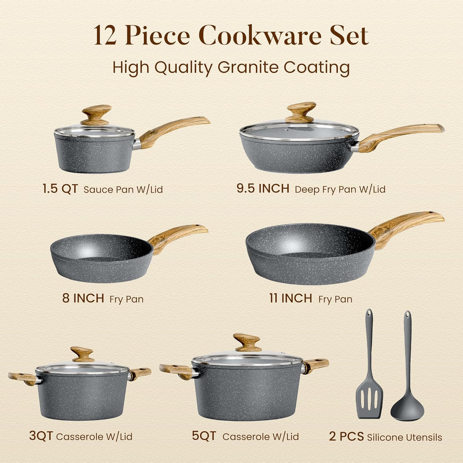 Kitchen Academy Induction Cookware Sets - 12 Piece Gray Cooking Pan Set, Granite Nonstick Pots and Pans Set