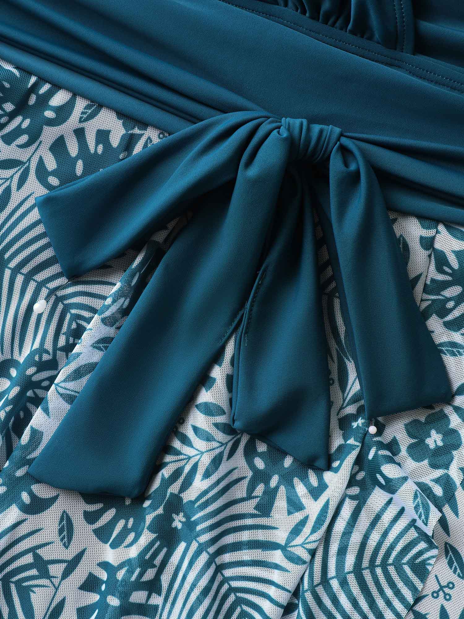 Tropical Split Mesh Belted Swim Dress