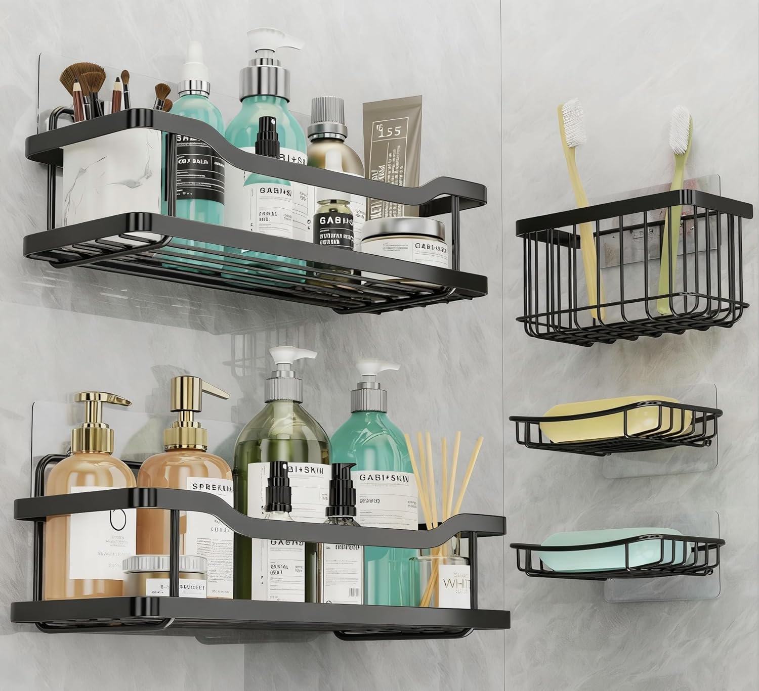 OMAIRA 3-Pack Shower Caddy with Soap Holder, Adhesive Rustproof No-drill Strudy Loading Inside Shower Organizer Shelves Rack Storage Bathroom Organization for Smooth Wall Glass Tile, Black (Large)