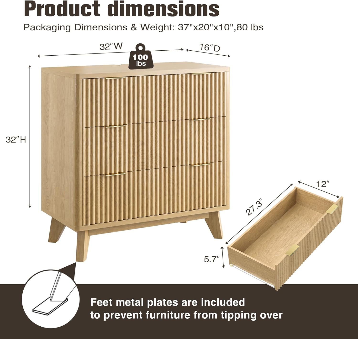 32” Tall Nightstands with Fast Charging Station, 32” Wide Fluted Night Stand with 3 Large Drawers, Modern End Table Beside Table for Bedroom, Curved Profile Design, Natural