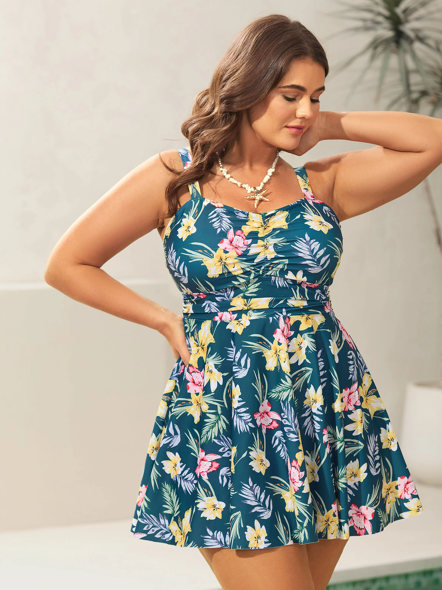 Tropical Floral Print Twist Front Swim Dress