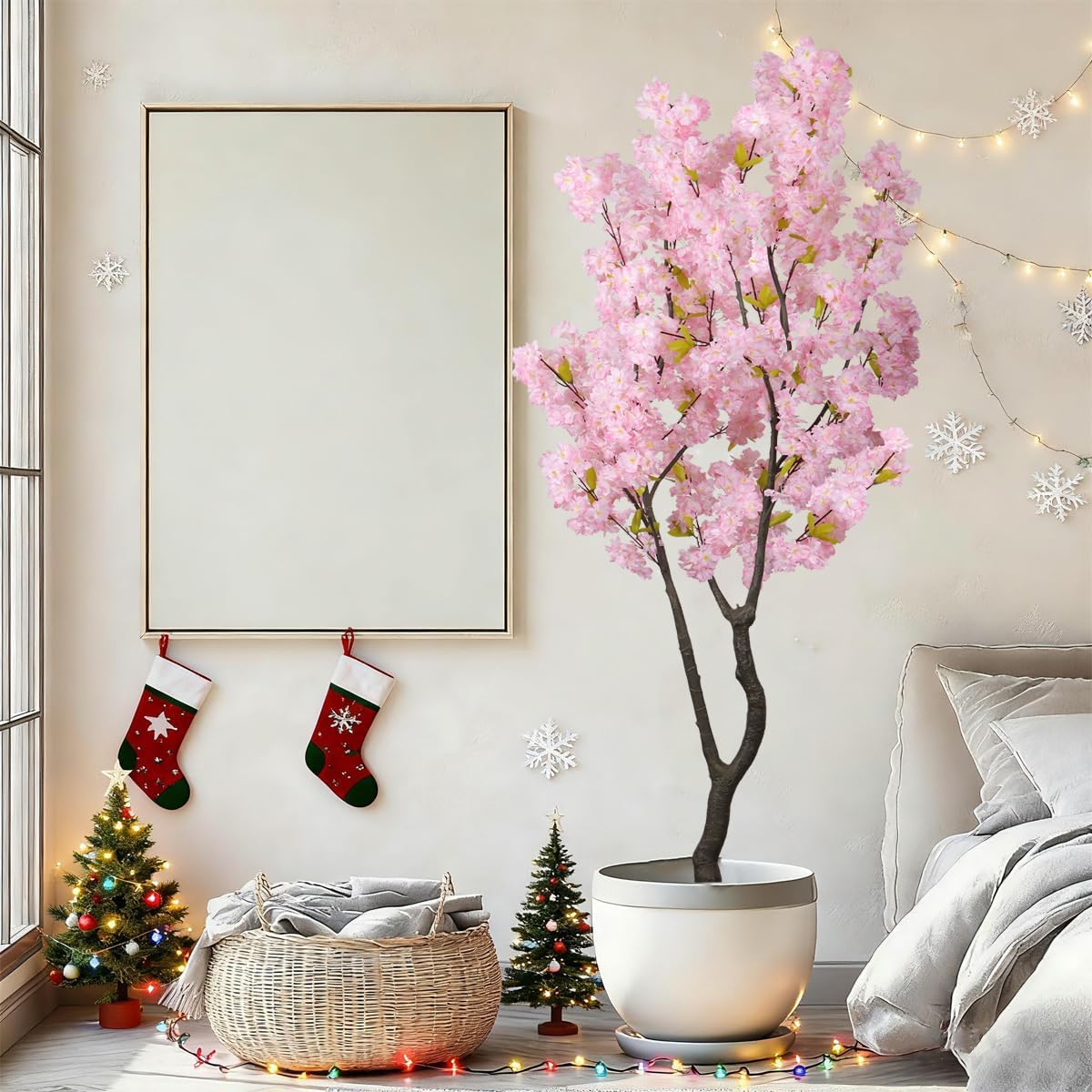 Artificial Cherry Blossom Tree 6ft Tall Indoor Faux White Flower Tree,Fake Cherry Blossom Tree for Home Office Party Wedding Decor