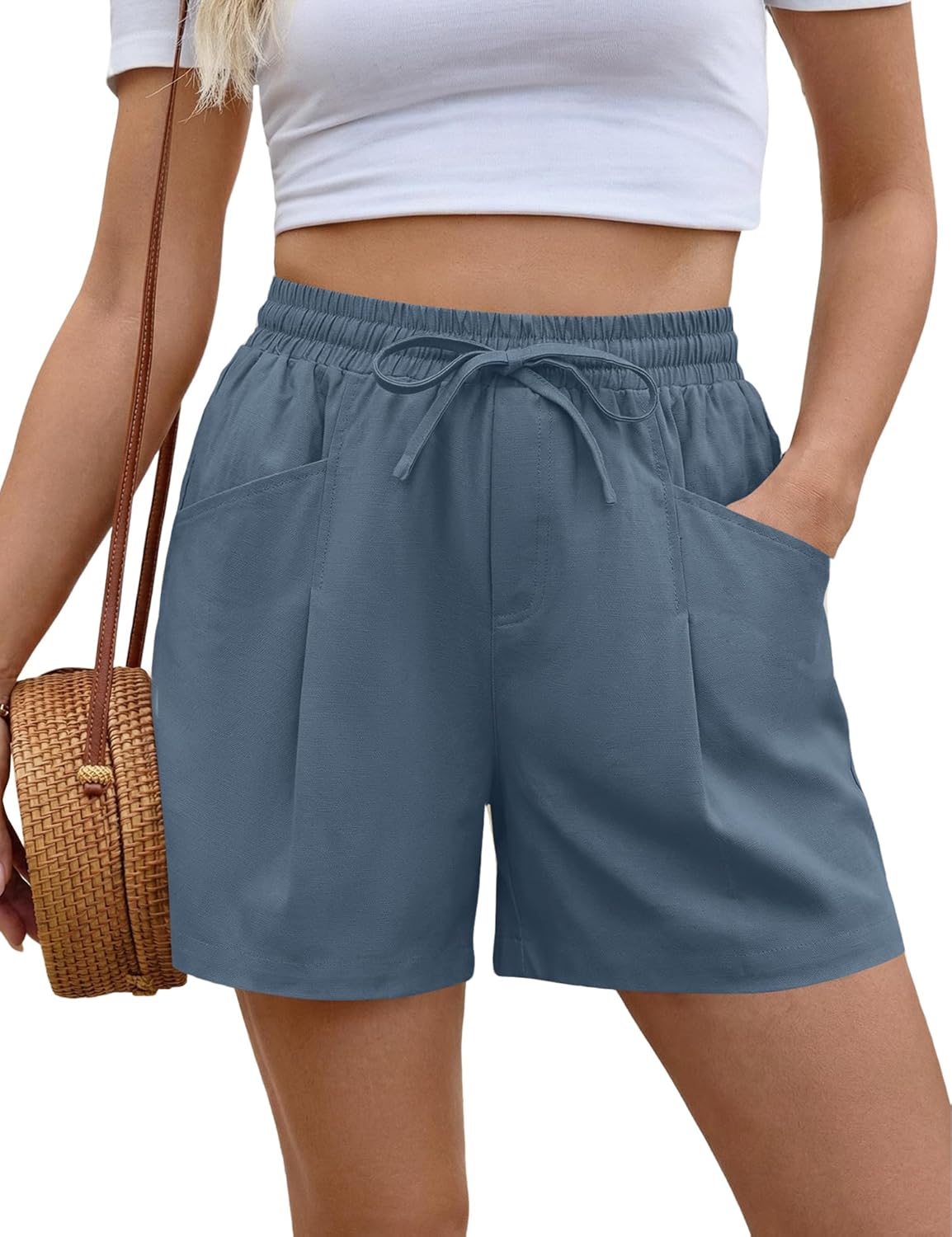 AKEWEI Linen Shorts Women Casual Wide Leg High Waisted Summer Pants Comfy Elastic Waist Drawstring Shorts with Pockets