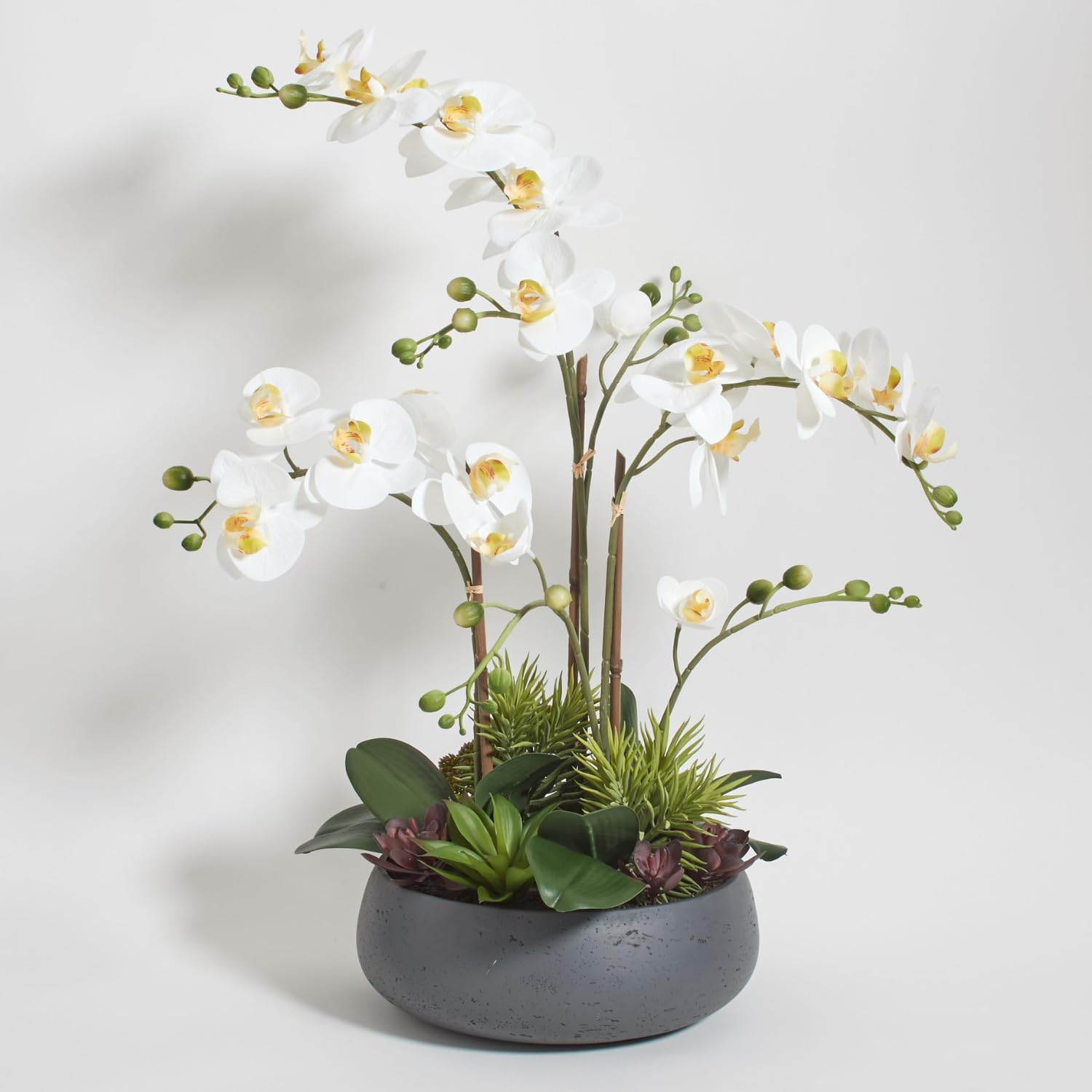 CG Hunter Faux White Orchid Plant, Premium Artificial Indoor Flower Display Stands 25-Inches with Beautiful Sculptural Blooms and Foliage That Lasts Forever, Grey Planter Pot Included