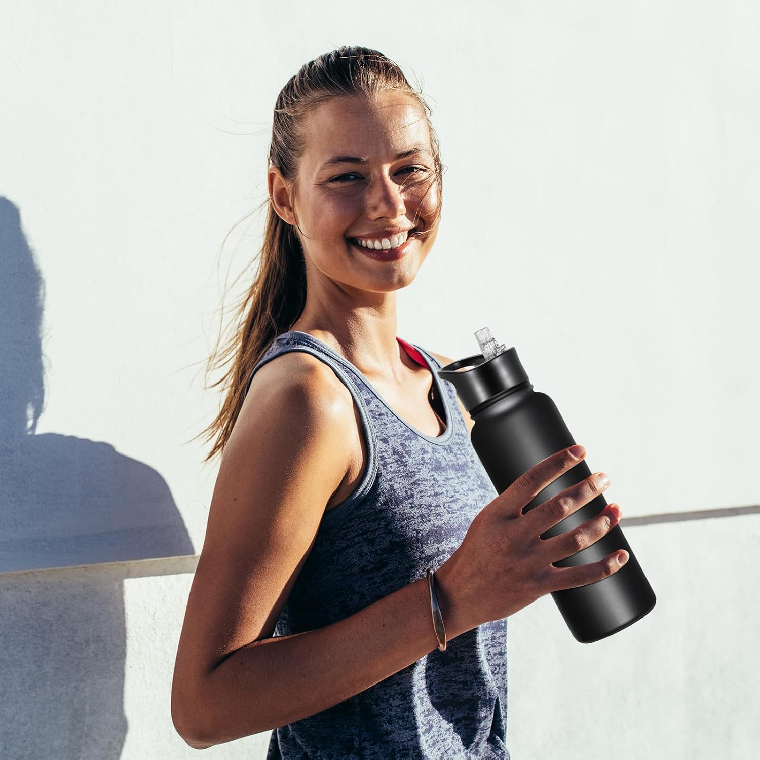 40 oz Insulated Water Bottle with Straw, Stainless Steel Sports Water Bottles with 2 Lids (Straw and Wide Mouth lid), Double Wall Vacuum, Leakproof, BPA-Free, Black