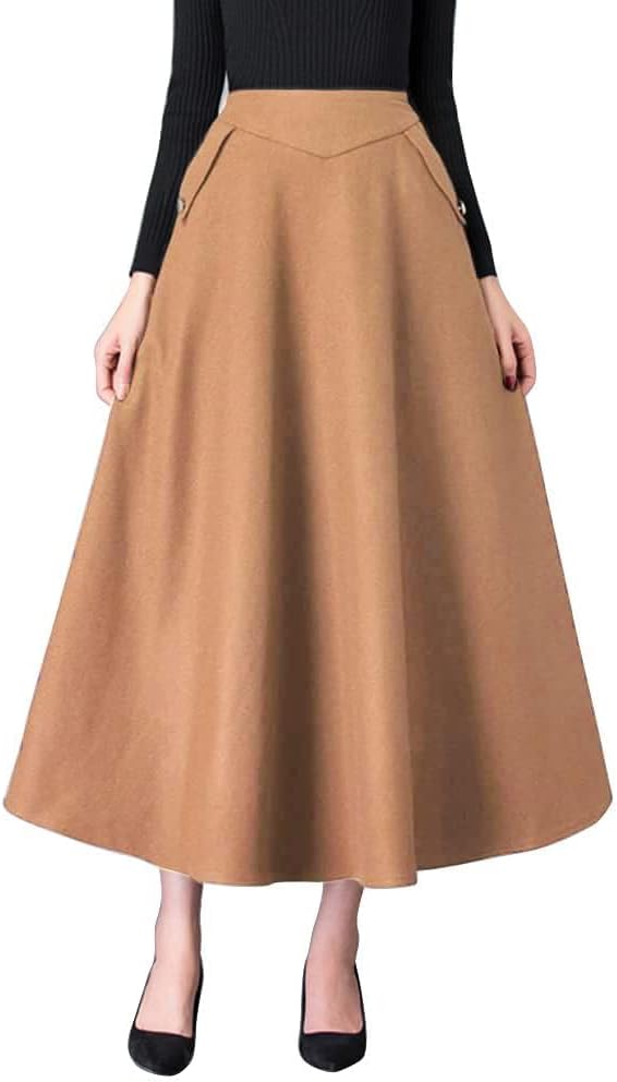 IDEALSANXUN Women’s Fall Winter High Waisted Wool Plaid A-line Long Skirt