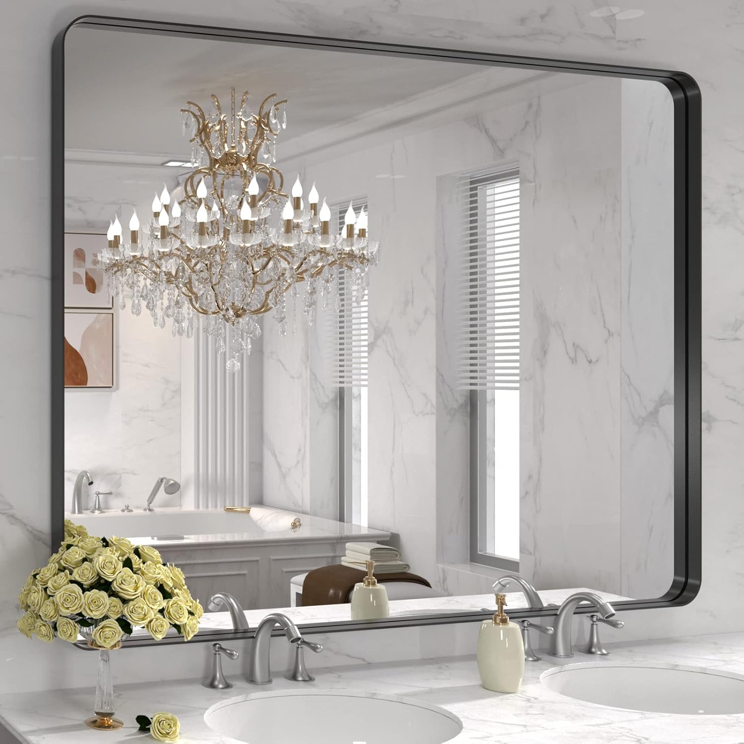 LOAAO 40X36 Inch Black Metal Framed Bathroom Mirror for Wall, Matte Black Bathroom Vanity Mirror Farmhouse, Anti-Rust, Tempered Glass, Hangs Horizontally or Vertically