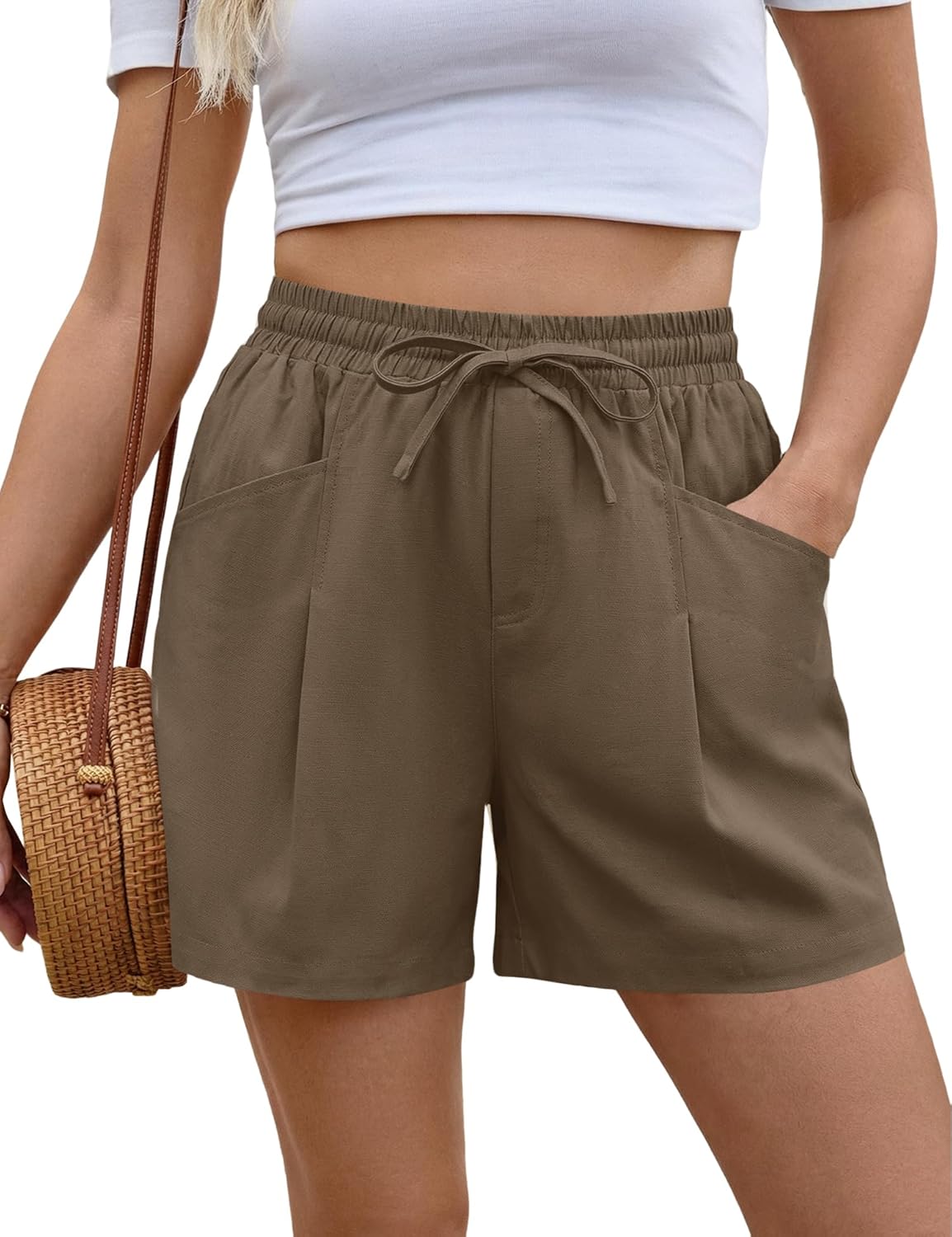 AKEWEI Linen Shorts Women Casual Wide Leg High Waisted Summer Pants Comfy Elastic Waist Drawstring Shorts with Pockets