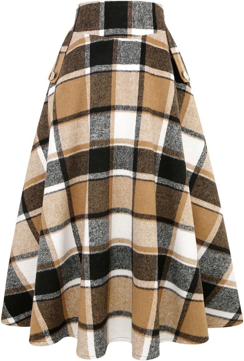 IDEALSANXUN Women’s Fall Winter High Waisted Wool Plaid A-line Long Skirt