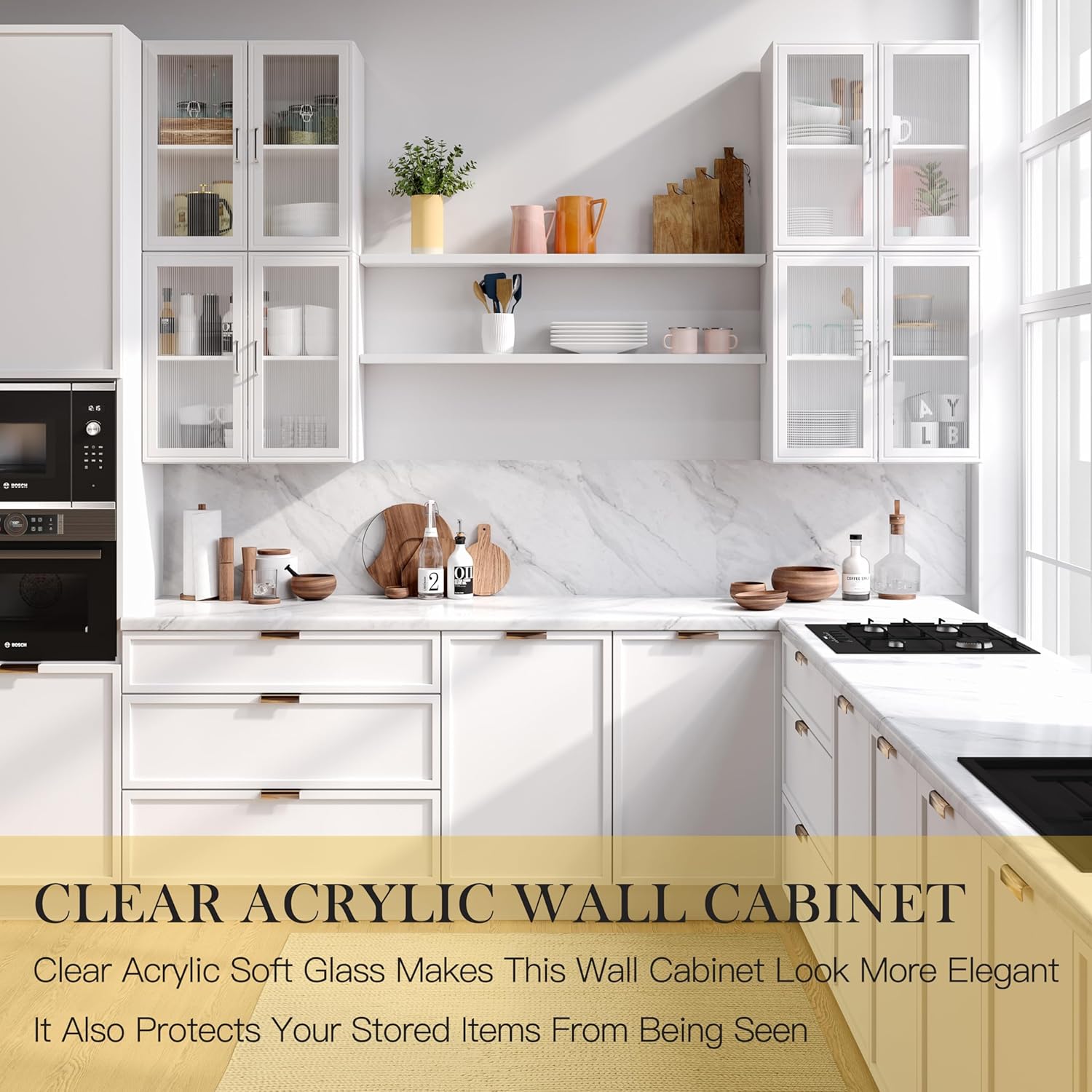 Kitchen Wall Cabinets 4 Doors - Laundry Wall Mounted Storage Cabinets with Acrylic Glass Doors in White, 24