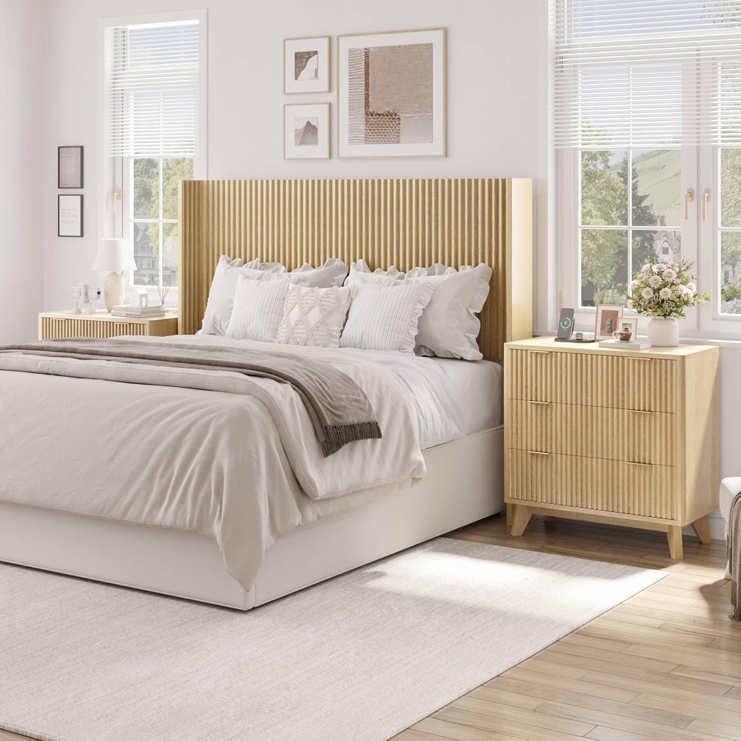 32” Tall Nightstands with Fast Charging Station, 32” Wide Fluted Night Stand with 3 Large Drawers, Modern End Table Beside Table for Bedroom, Curved Profile Design, Natural