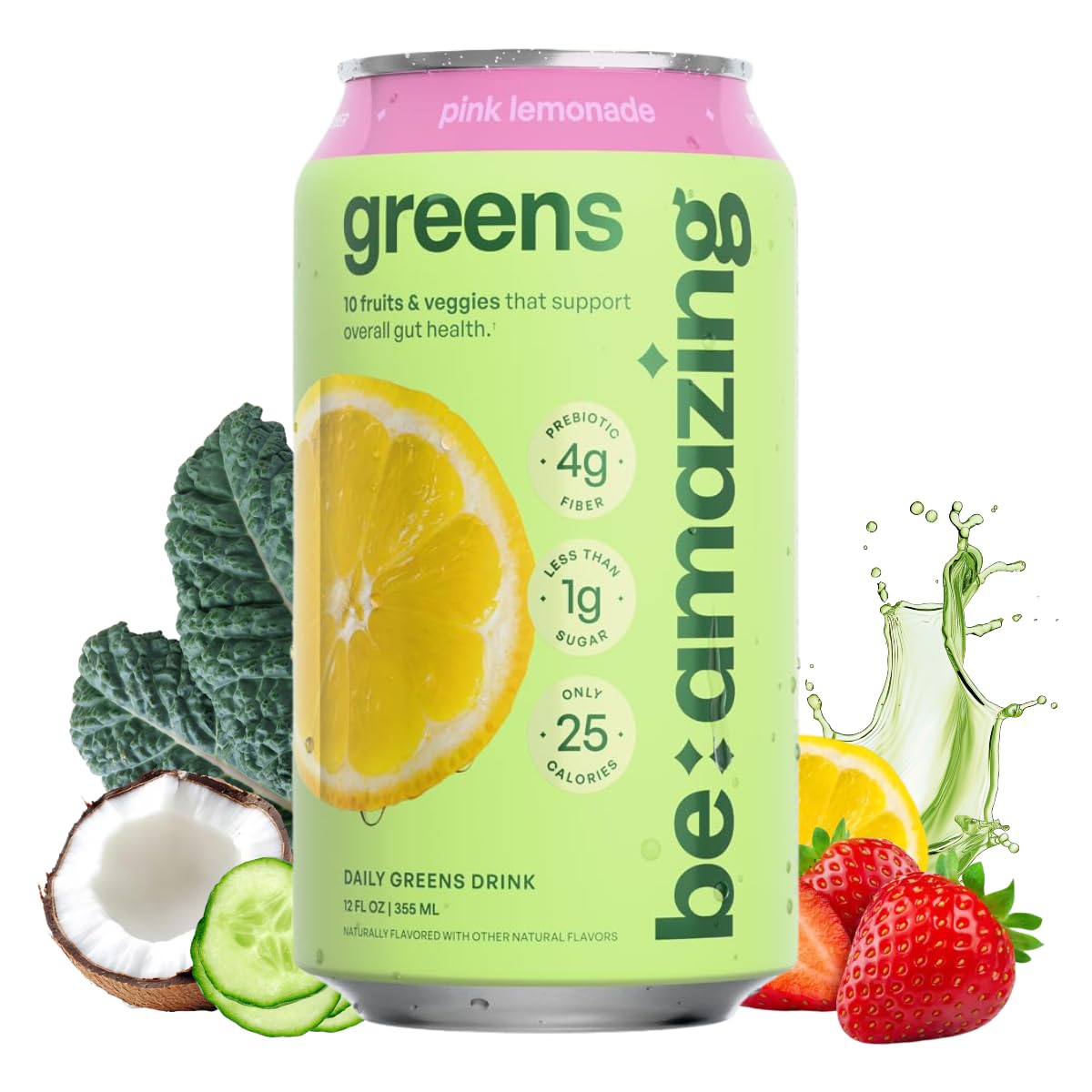 Be Amazing Greens Drink, Mixed Berry, Vitamin Drinks With 10 Organic Fruits and Vegetables, Coconut Water, Vitamin C, and Prebiotic Fiber, 25 Calories, Low Sugar, Vegan and Gluten Free, 8 Pack