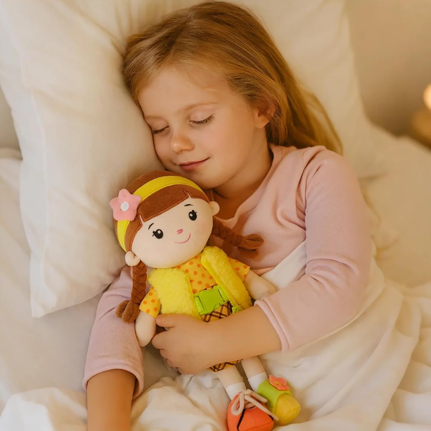 Soft Baby Doll Toys (16'') Educational Plush Doll for Girls Learning Sensory Montessori Toy Birthday Cuddly Plush Toys for Toddler Kids (Yellow)