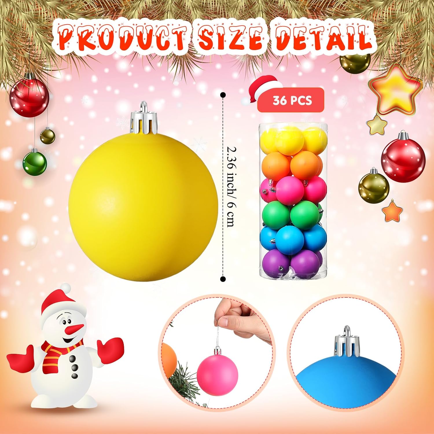 Christmas Ball Ornaments Neon Color Christmas Tree Decorations Xmas Tree Decor Colored Shatterproof Baubles Plastic Holiday Hanging Balls for Christmas Party(36 Pcs,2.36 Inch)