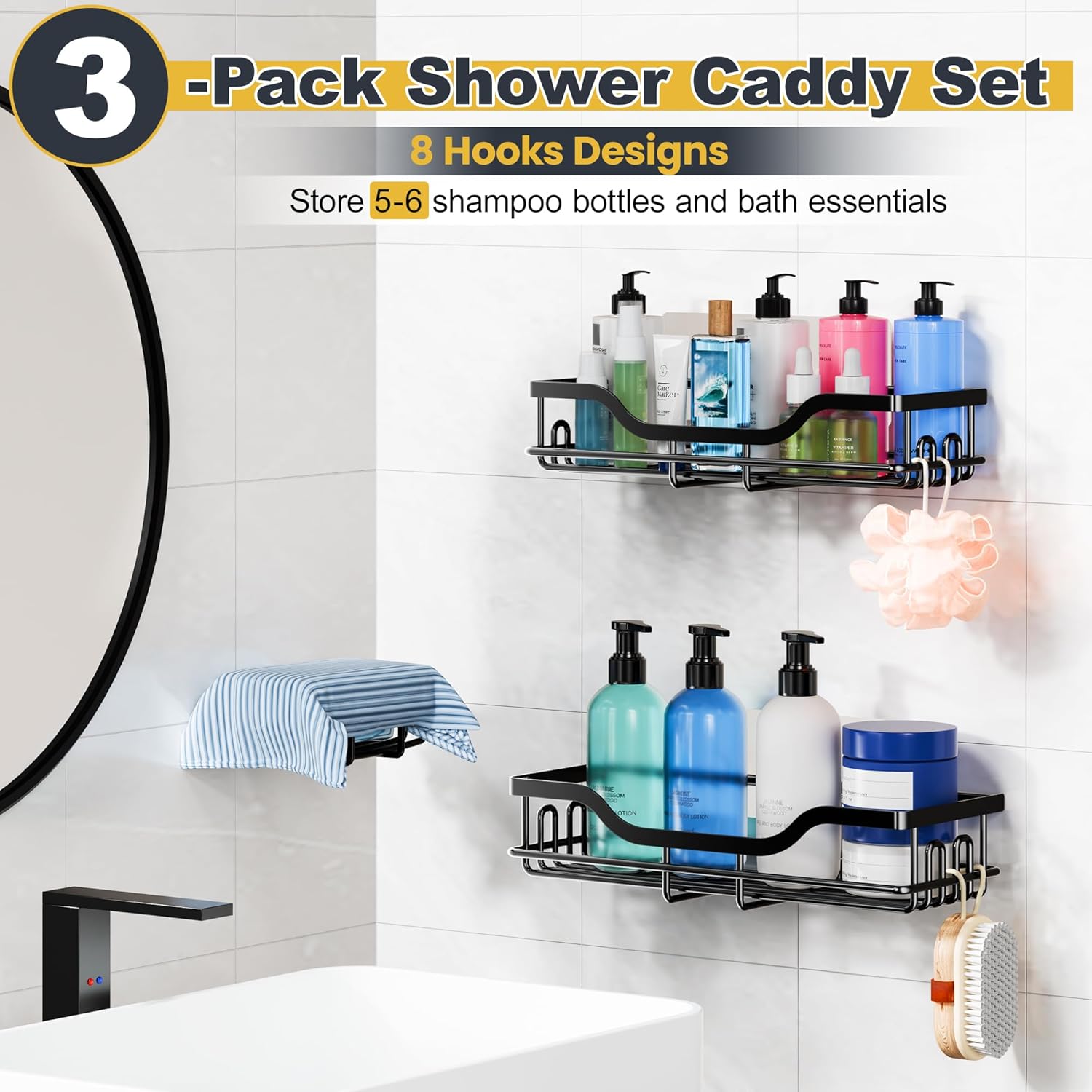 OMAIRA 3-Pack Shower Caddy with Soap Holder, Adhesive Rustproof No-drill Strudy Loading Inside Shower Organizer Shelves Rack Storage Bathroom Organization for Smooth Wall Glass Tile, Black (Large)
