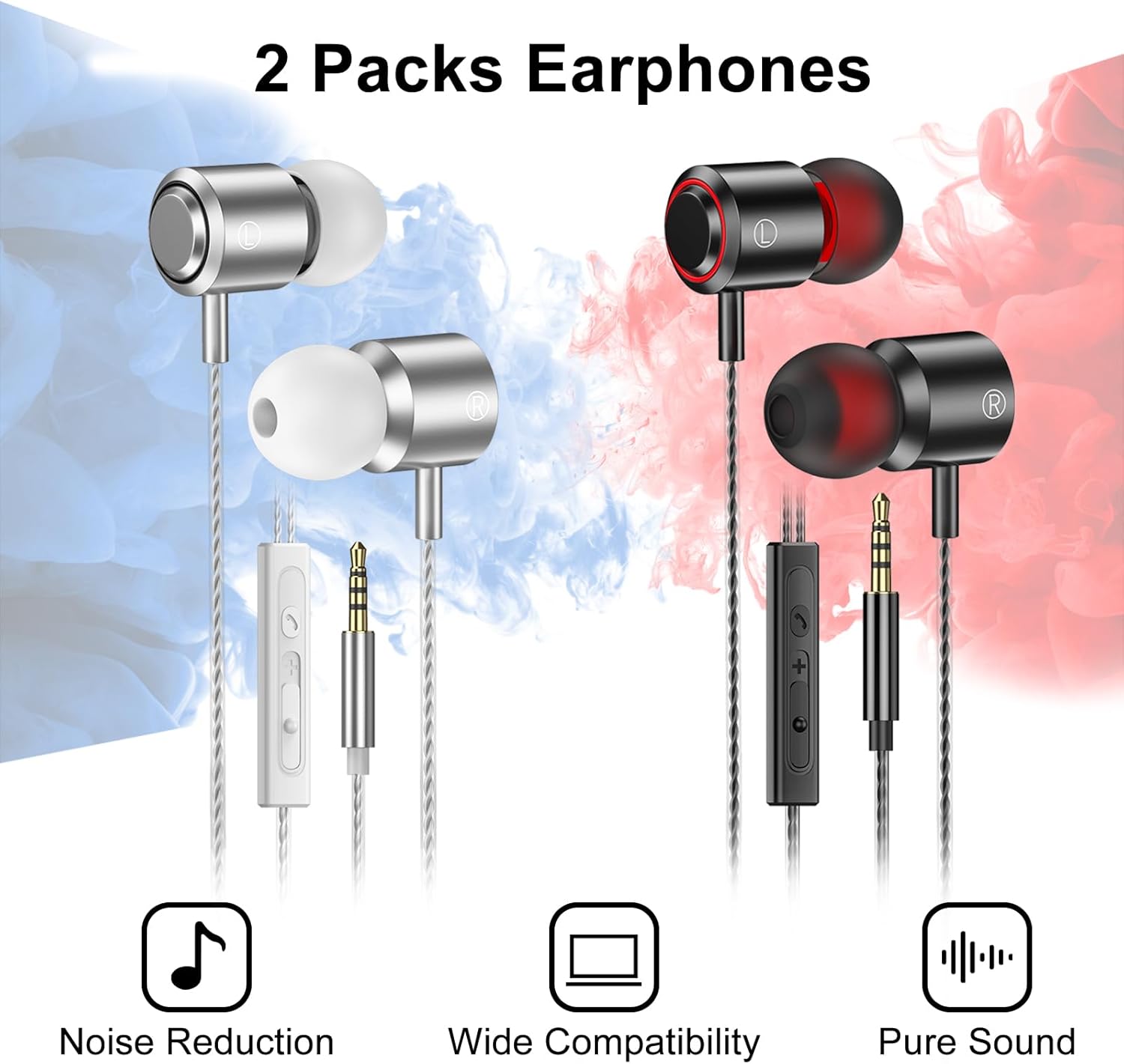 2 Pack Wired Earbuds with Microphone, In-Ear Headphones Wired with Noise Blocking &Volume Control, Premium Sound& Lightweight Corded Earphones for Laptops, Tablets, MP3 & Most 3.5mm Interface Devices