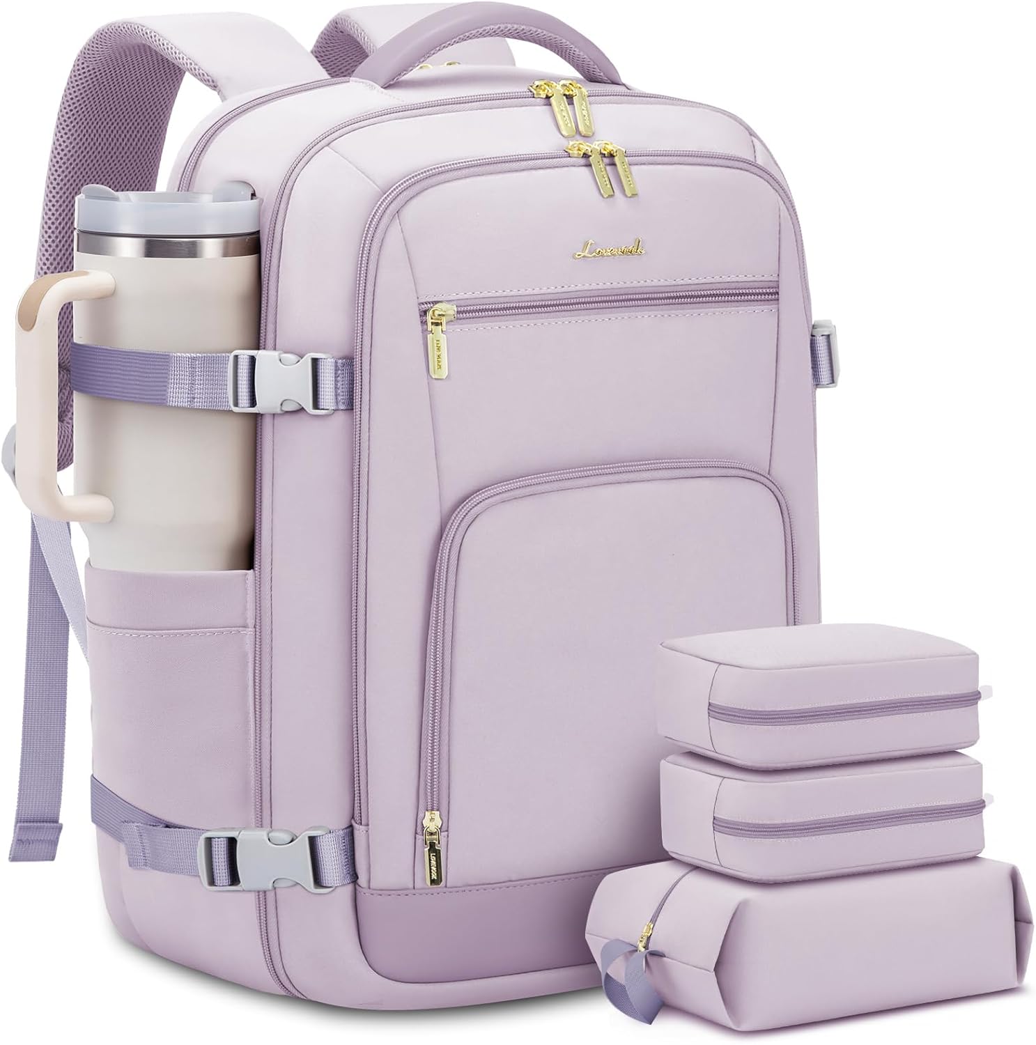 LOVEVOOK Travel Backpack For Women, 40L Carry On Backpack Flight Approved, TSA Personal Item Travel Bag Fits 17 Inch Laptop, Business Weekender Overnight Waterproof Daypack With 2 Cubes, Grey-Pink