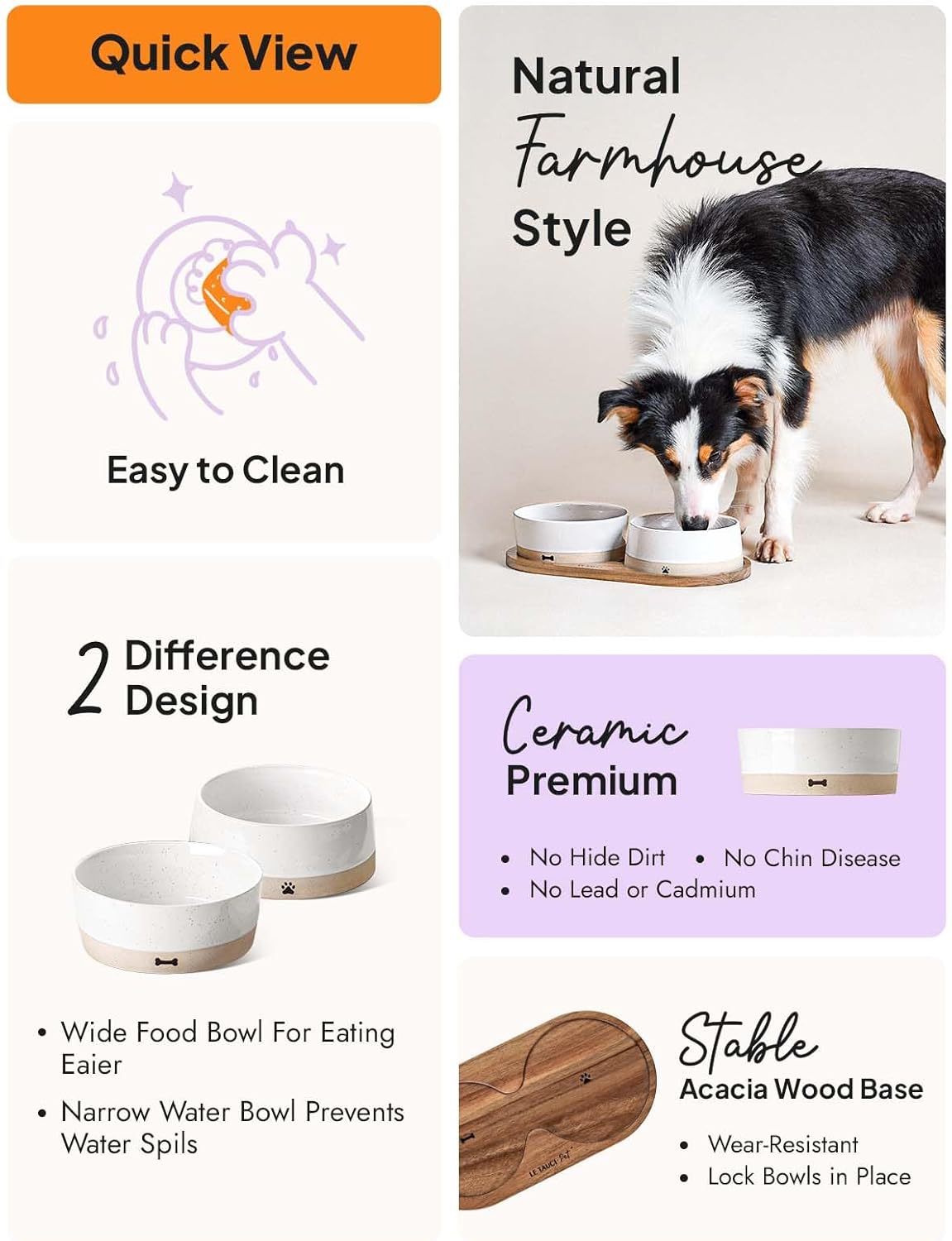 LE TAUCI PET Ceramic Dog Bowls for Medium Small Dogs - 3.2 Cup Medium Dog Food and Water Bowls with Acacia Wood Tray, Dual Food and Water Bowls with Weighted Non-Slip Base