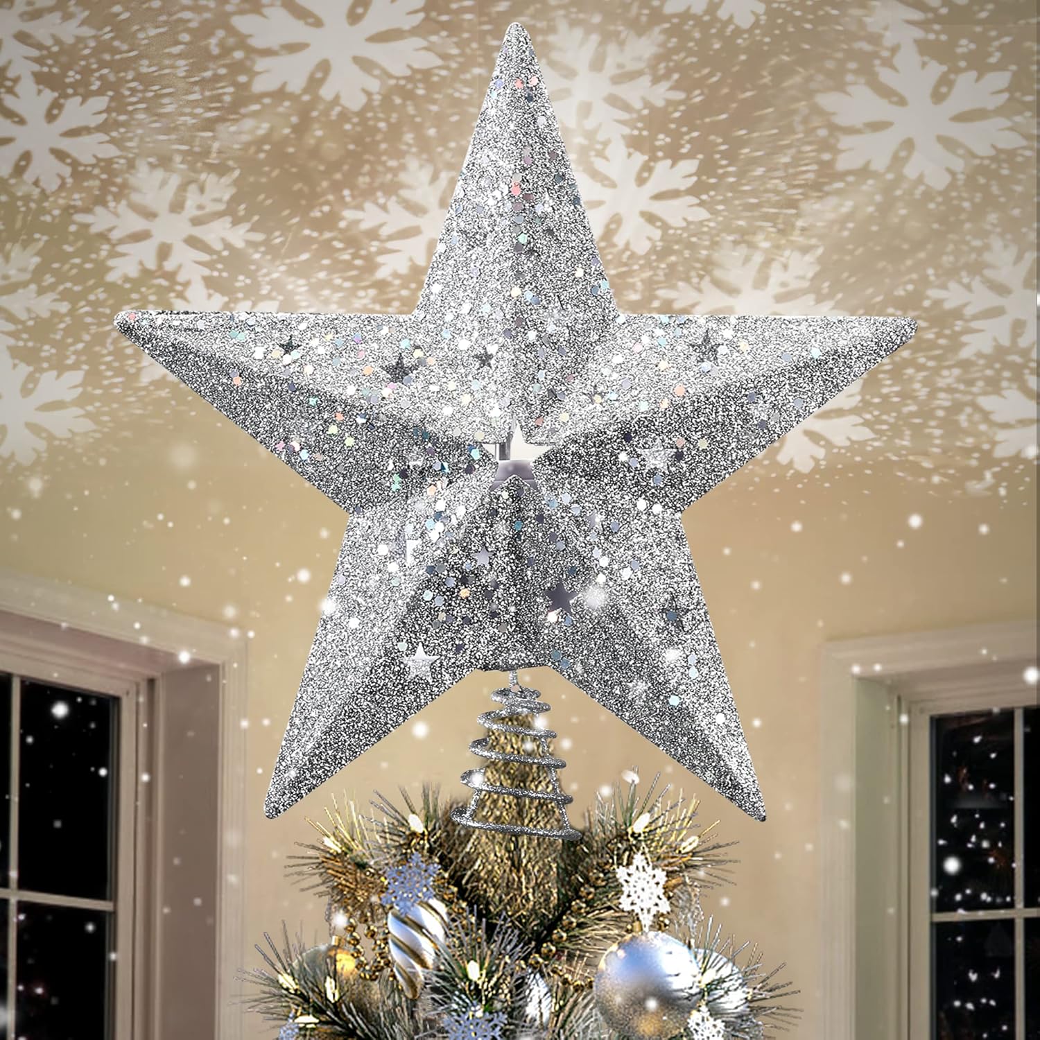 IPOW LED Snowflake Projector Star Christmas Tree Topper, 11.3'' Golden Glittered Star Treetop Lighted Rotating Snow Flake for Christmas Tree Decoration, Ideal as LED Night Light Projector for Children